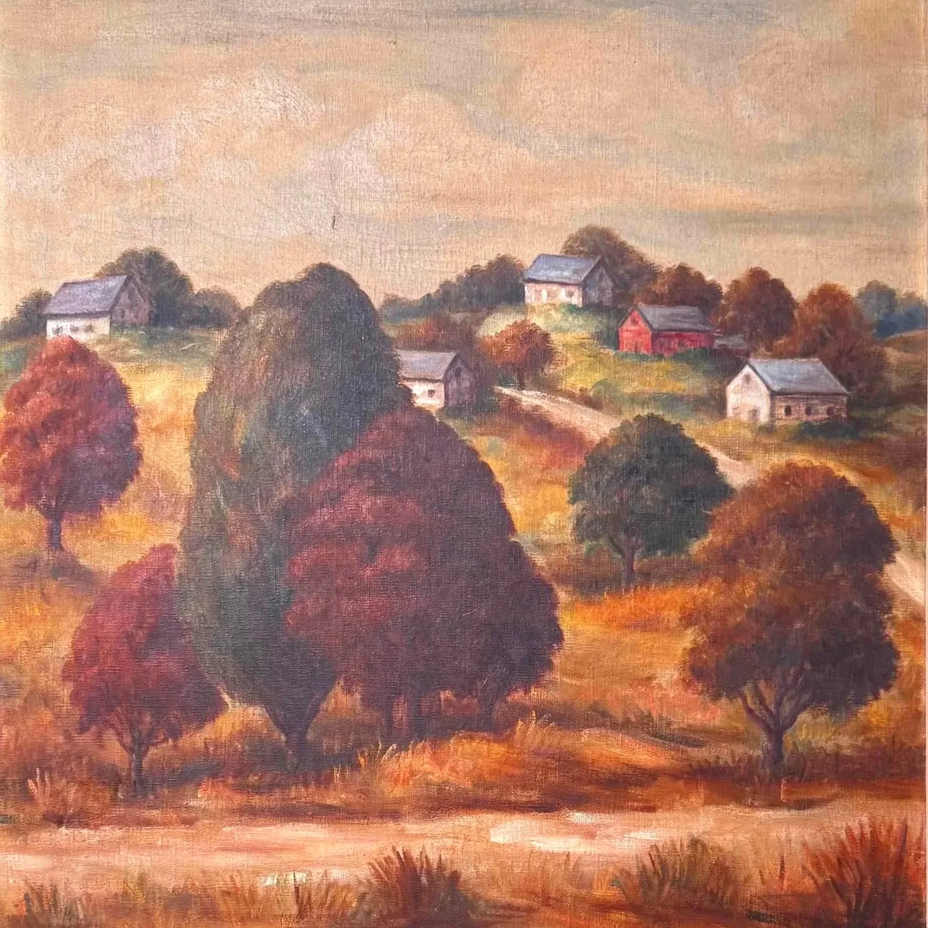 A painting of a rural landscape featuring trees, rolling hills, and houses.