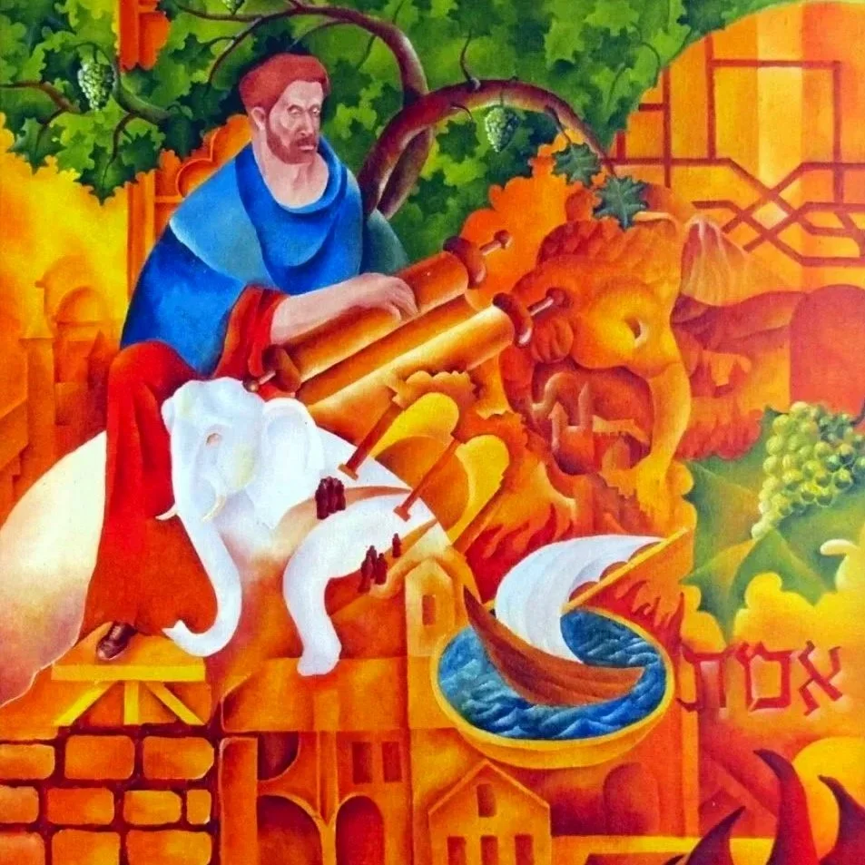 A colorful, stylized painting of a man with a beard and green cloak, sitting on a white elephant, holding a large scroll. Surrounding him are mythical creatures, buildings, a dragon face, a sailboat on water, and lush green trees, all in warm orange, yellow, and green tones.