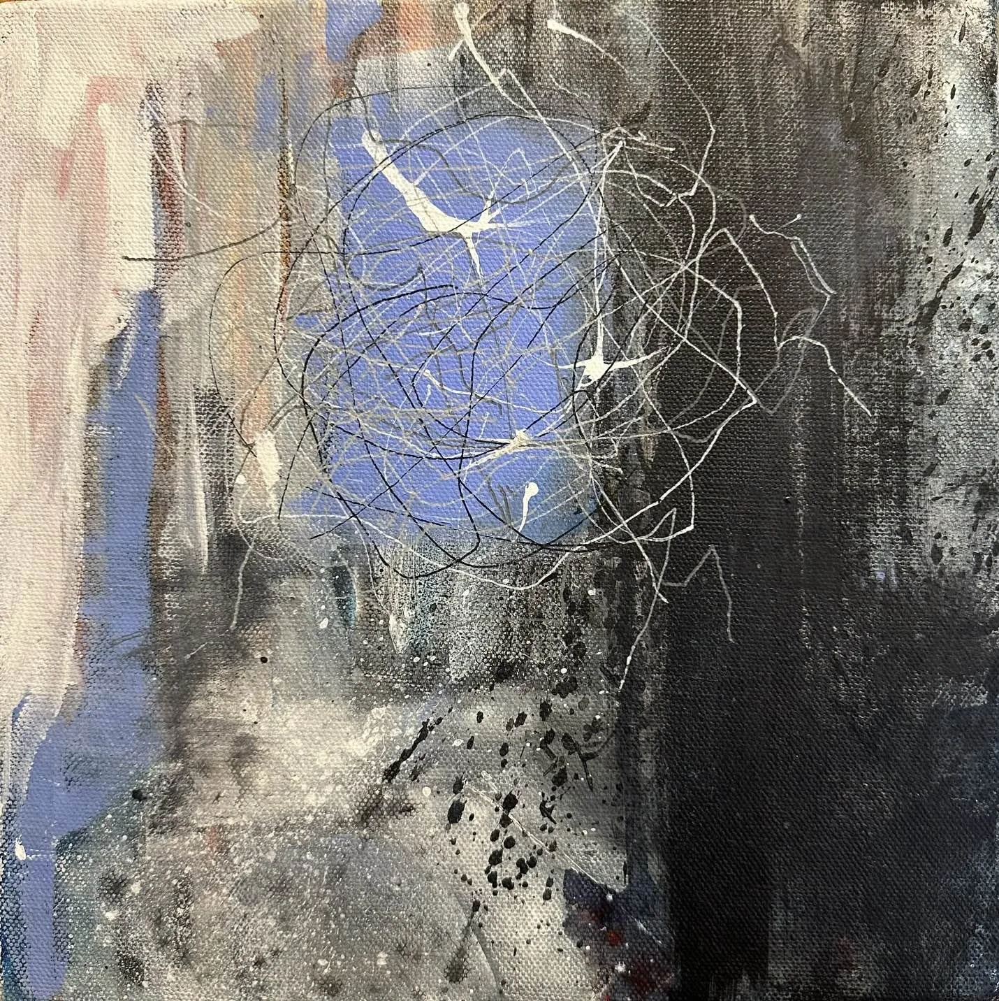 Abstract painting with black, gray, and blue colors, featuring chaotic white and black lines, splatters, and textures.
