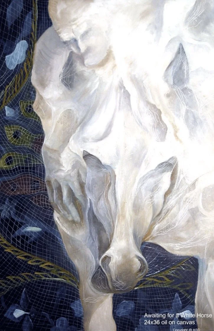 An oil painting of a white horse's head on a canvas, with detailed brush strokes and a dark abstract background.