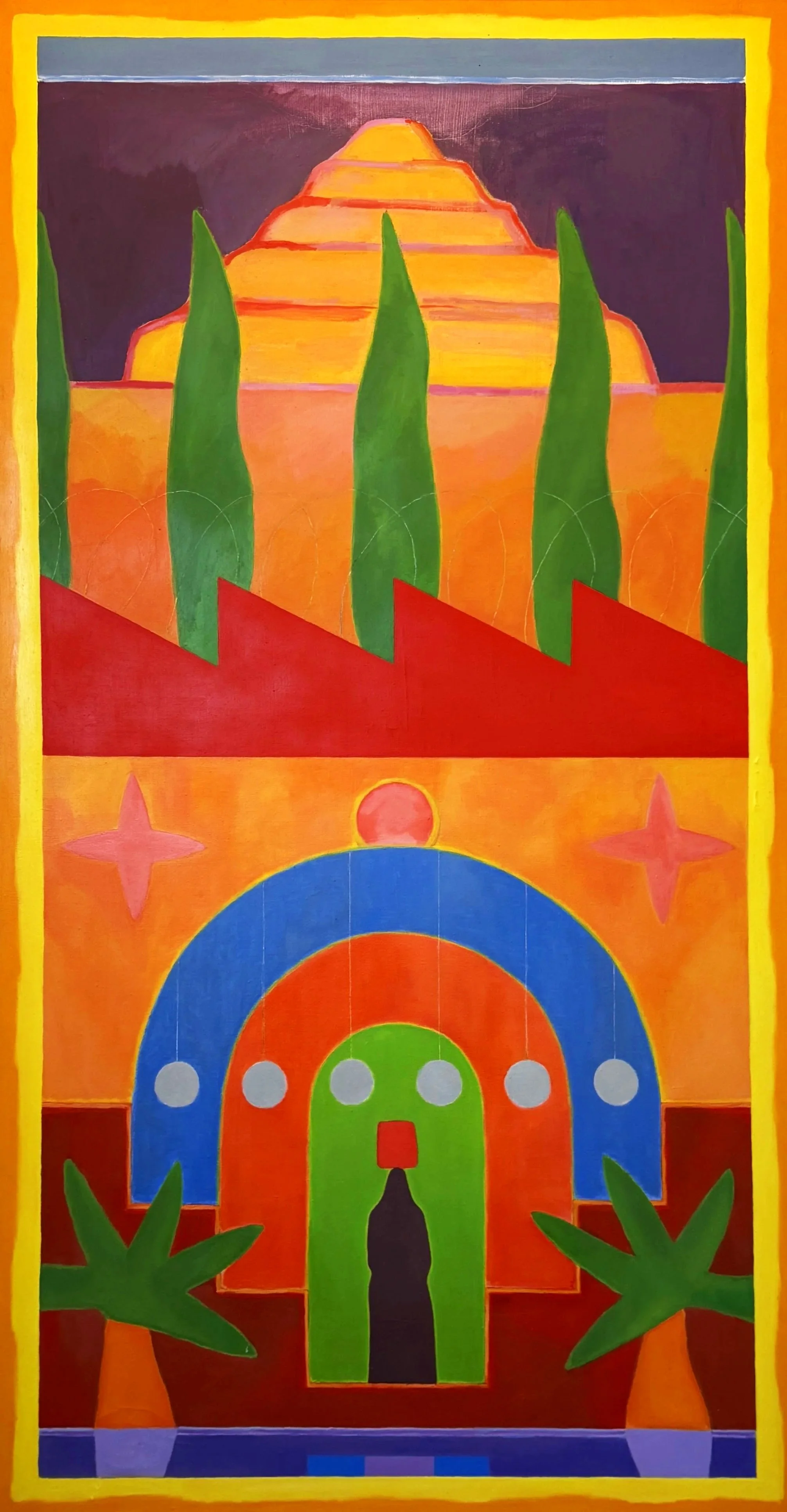 Bright, colorful painting featuring a pyramid, tall green cypress trees, a red wall, and Middle East architecture.