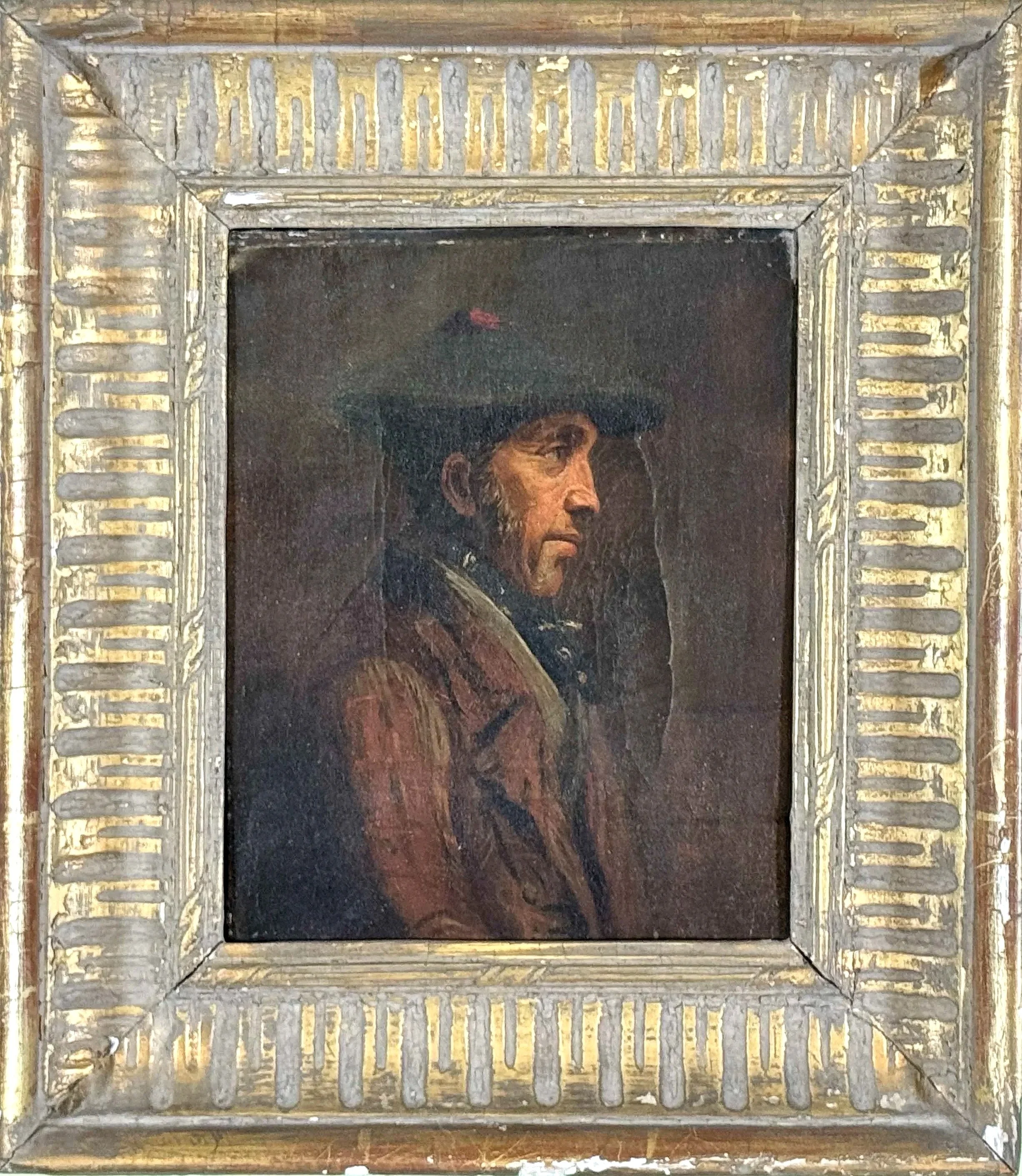 A painted portrait of a man in historical attire, wearing a wide-brimmed black hat, with a brown coat, and a dark shirt. The painting is framed with an ornate frame with gold and silver accents.