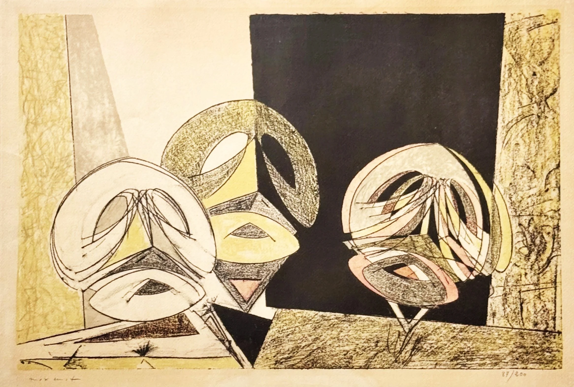 An abstract artwork composed of geometric shapes and curved lines, featuring a black rectangle in the background and a textured yellowish border on the sides.