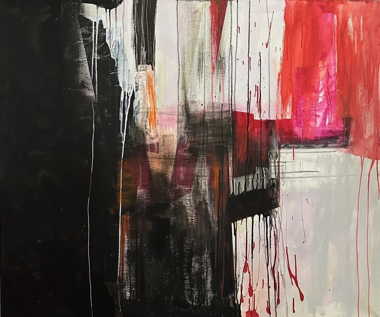 Abstract painting with black, red, pink, white, and orange colors and dripping paint effects.