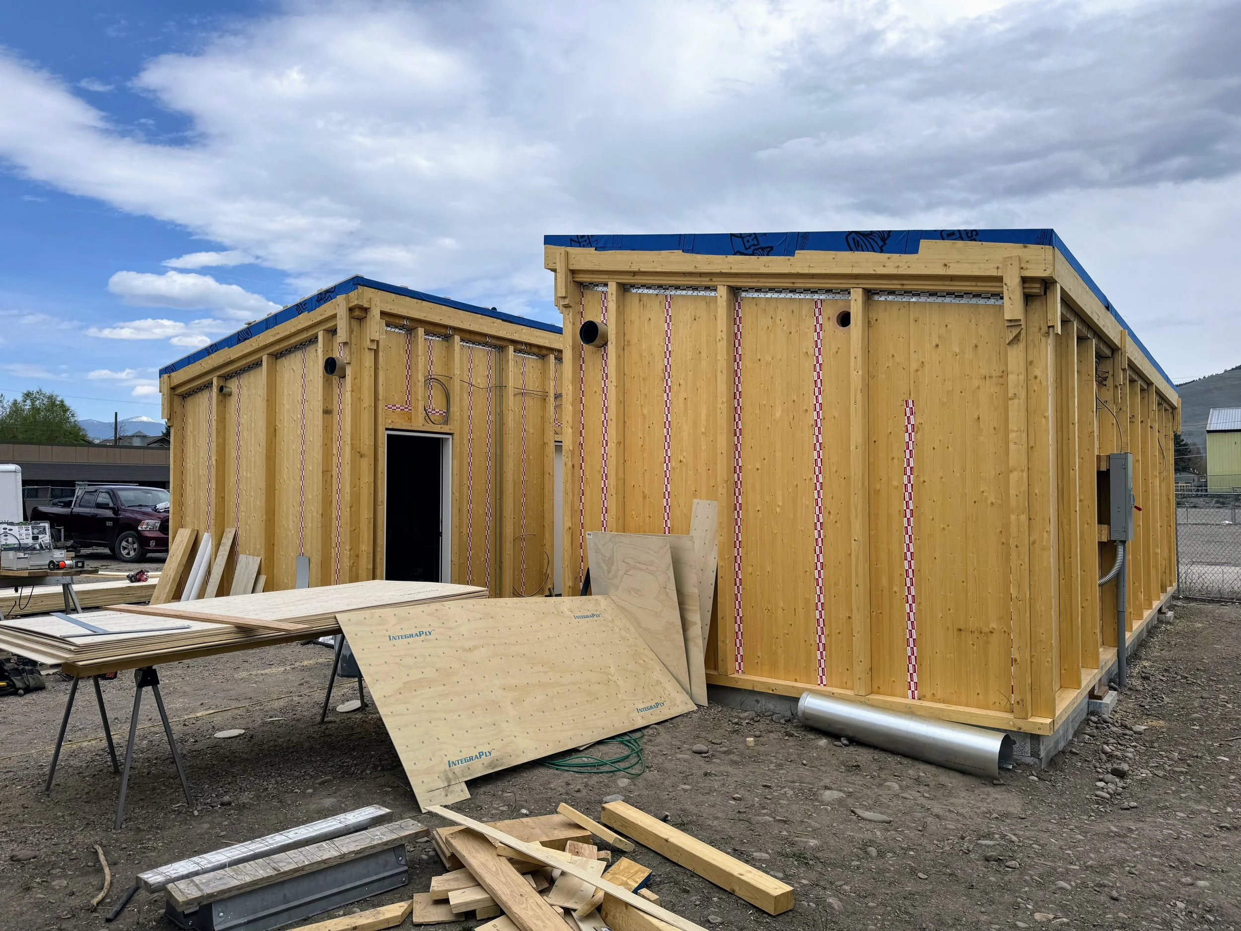 A construction image of a mass timber bathroom building