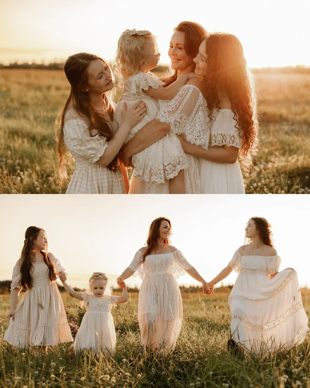 mom and three daughters in beautiful dresses posing for family photos