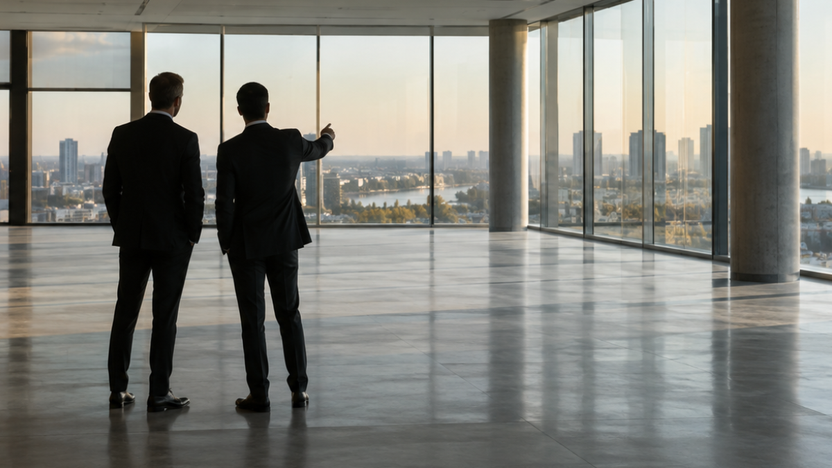 Two businessmen in suits inside a high-rise office building, looking out through large windows at a city skyline during sunset, with one pointing towards the view.