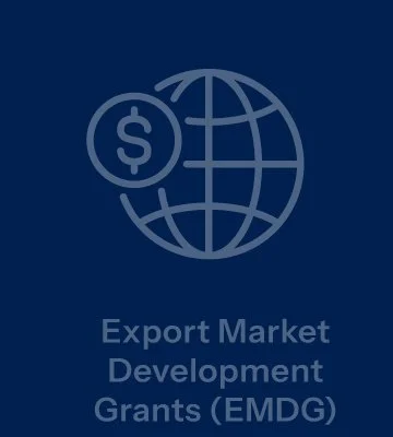 Digital graphic of a globe with a dollar sign and a smaller globe icon, labeled 'Export Market Development Grants (EMDG)' on a dark blue background.
