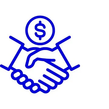 A graphic of two hands shaking with a dollar sign coin above them, suggesting a financial handshake or deal.
