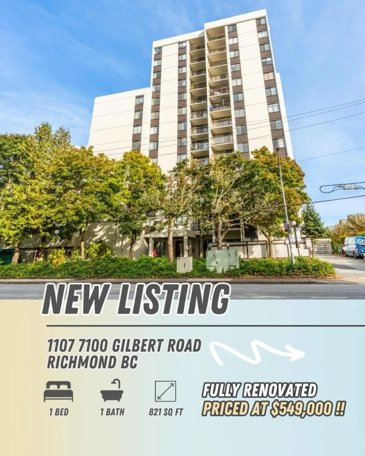 ✨ JUST LISTED ✨
🏡 1107-7100 Gilbert Road, Richmond
💰 $549,000 | 1 Bed | 1 Bath | 821 SQFT + Parking + Locker
Looking for a fully renovated home in the heart of Richmond?
This bright 1-bedroom condo has just been transformed with $40K in updates (O