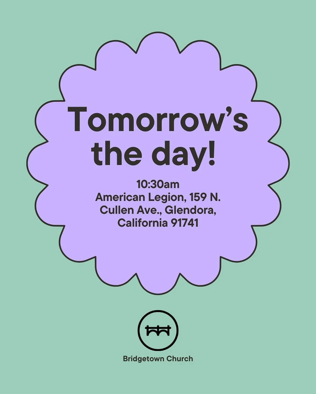 ✨ Tomorrow&rsquo;s the day!

Join us at Bridgetown Church &mdash; 10:30 AM in Glendora &mdash; as we gather to worship, connect, and hear an encouraging word from Pastor Casey Kendall titled:
&ldquo;Use Your Inside Voice&rdquo;
 Making the voice of J