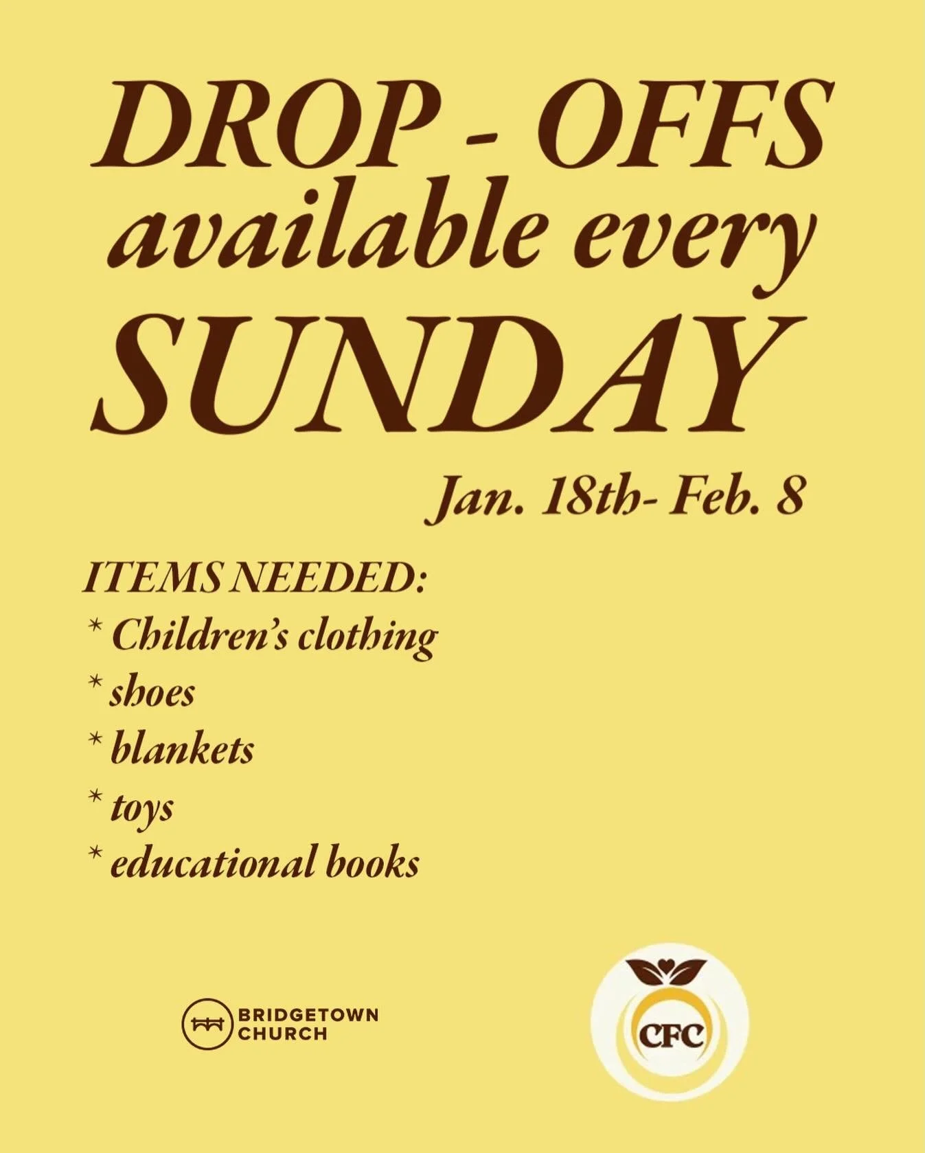 We&rsquo;re rallying our church family to support local families in need. 🤍

We&rsquo;re partnering with Citrus Free Care, a nonprofit clinic that serves 30&ndash;40 families each month.

Items needed:
&bull; Children&rsquo;s clothing (lightly used)