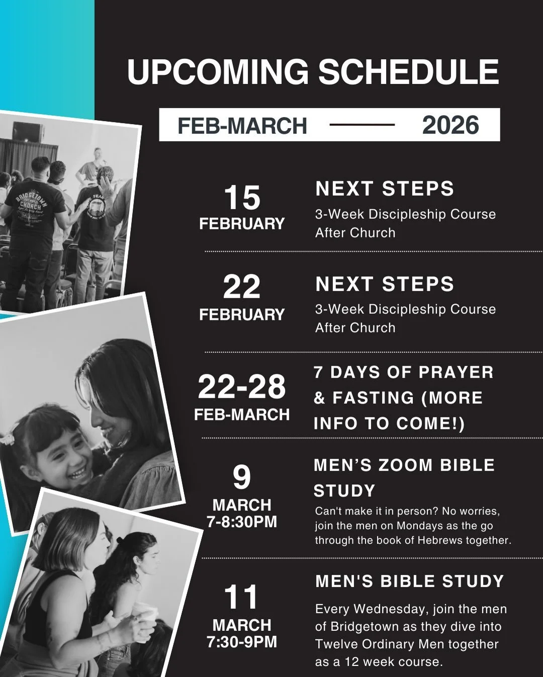 Hey Bridgetown! We wanted to share the latest updates and important dates coming up in our church family. Take a look below and stay connected to what God is doing in this season.

Multiply Community Groups are a great place to grow in your faith and