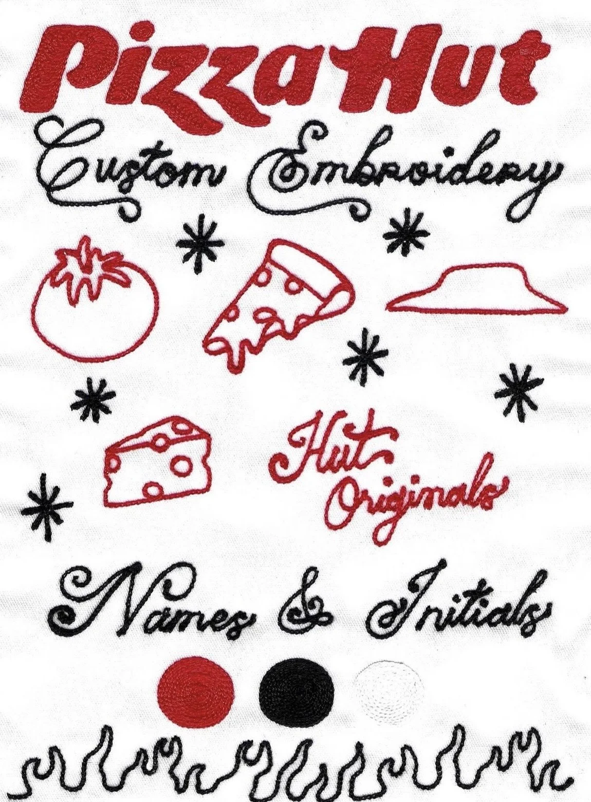 Embroidered design featuring the words "Pizza Hut," "Custom Embroidery," "Hut Originals," and "Names & Initials" in red and black thread, with illustrations of a tomato, slices of pizza, and cheese, surrounded by small black starburst patterns and a 