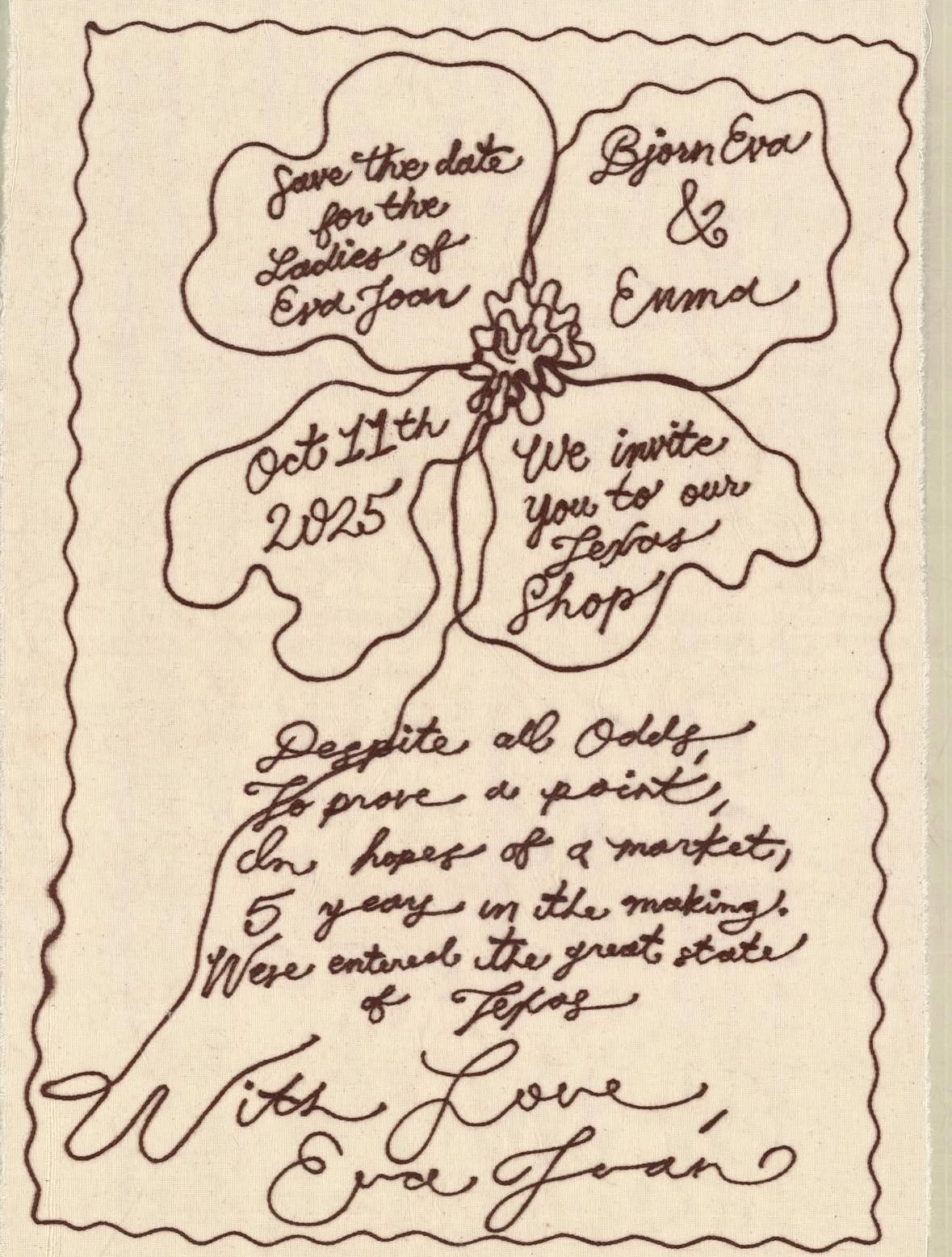 A handwritten wedding or event invitation designed in the shape of a four-leaf clover, with text inside each leaf and additional writing below. The invitation includes details about a wedding date, names of the couple, and a poem or message.