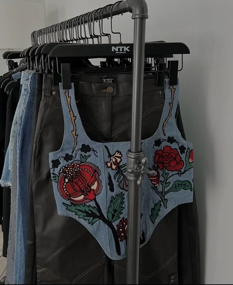 chainstitch embroidered denim corset 