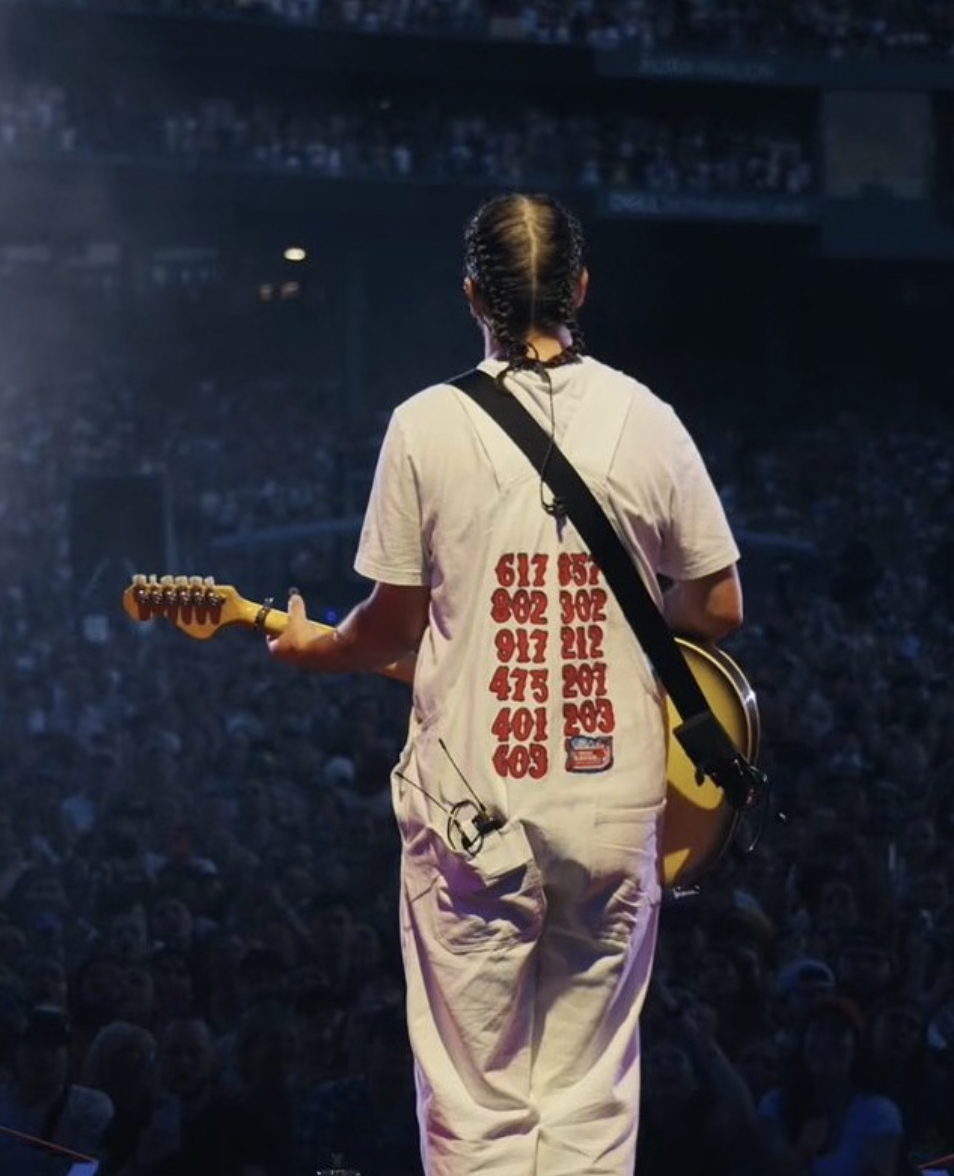 Back view of a person with braided hair holding an electric guitar on stage during a concert, with a large crowd in the background.