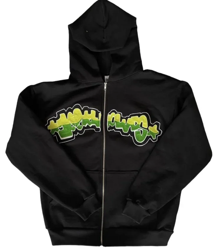 Black hoodie with a graffiti-style green and yellow logo on the front.