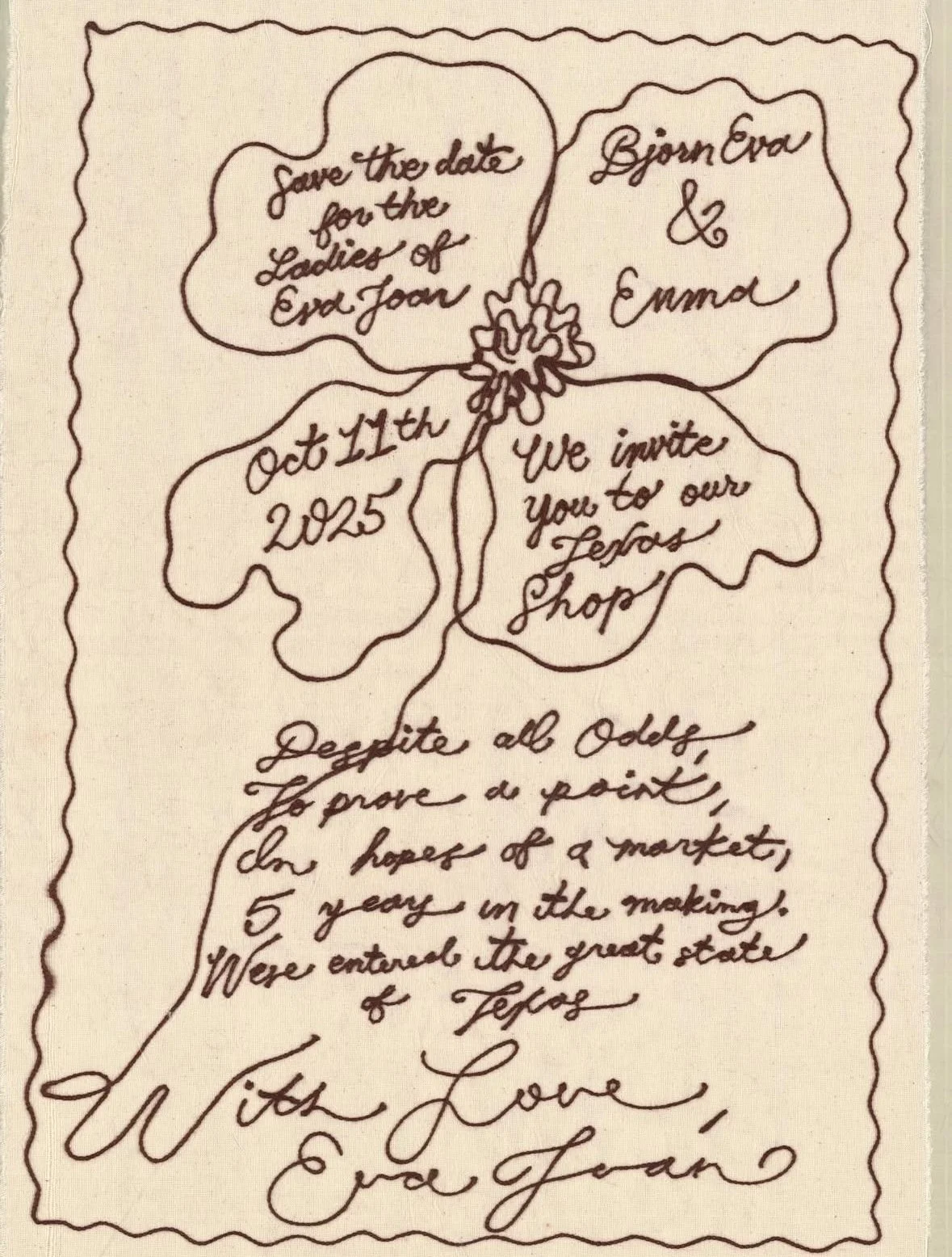 Handwritten wedding invitation on cream-colored paper with a four-leaf clover design and decorative border.