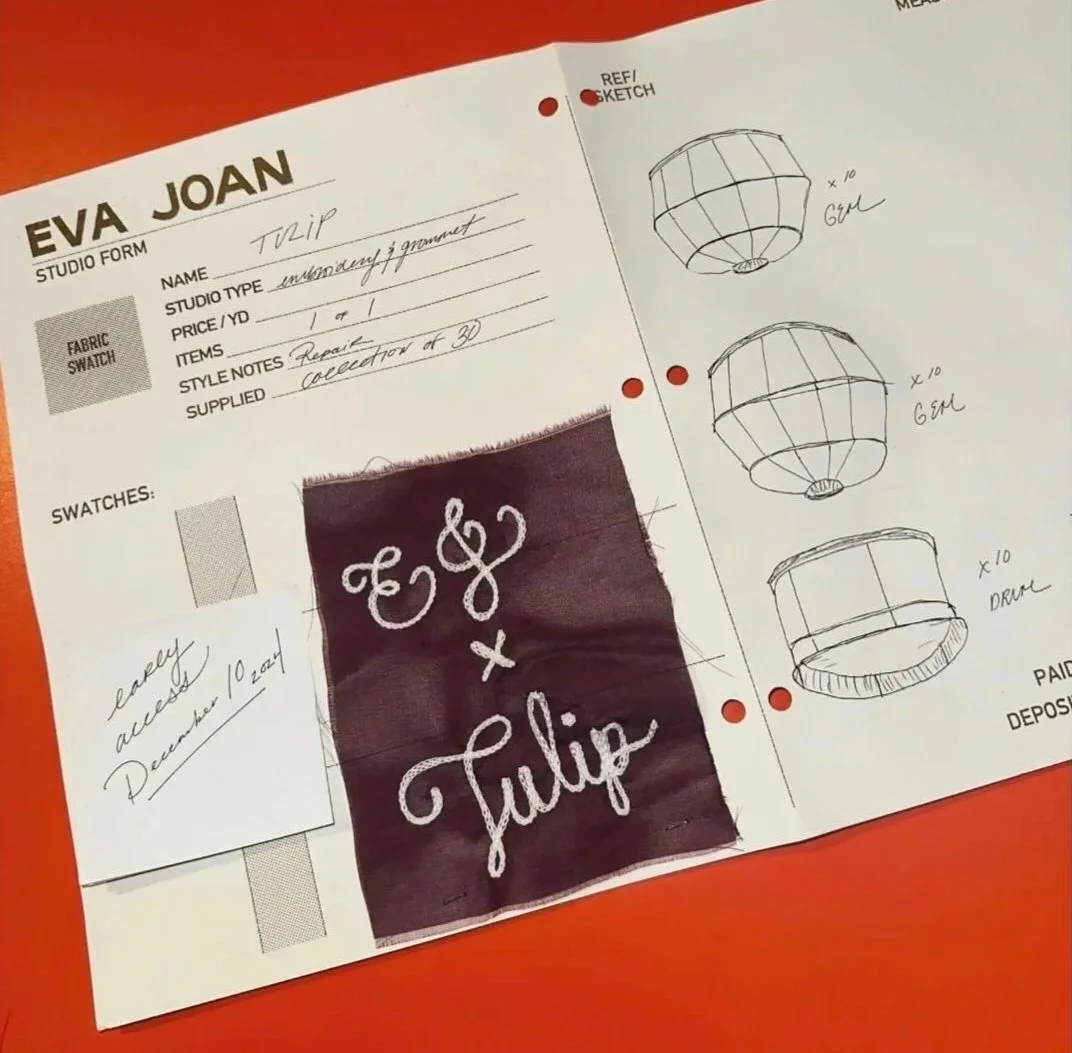 A studio form with handwritten notes and sketches of a lamp. The form belongs to Eva Joan, describing a tulip studio type, priced at one dollar, with style notes on a collection of 30. A fabric swatch is attached, labeled 'early around Dancer 10 24.' The sketches on the right show different views of a lamp, with quantities and labels.