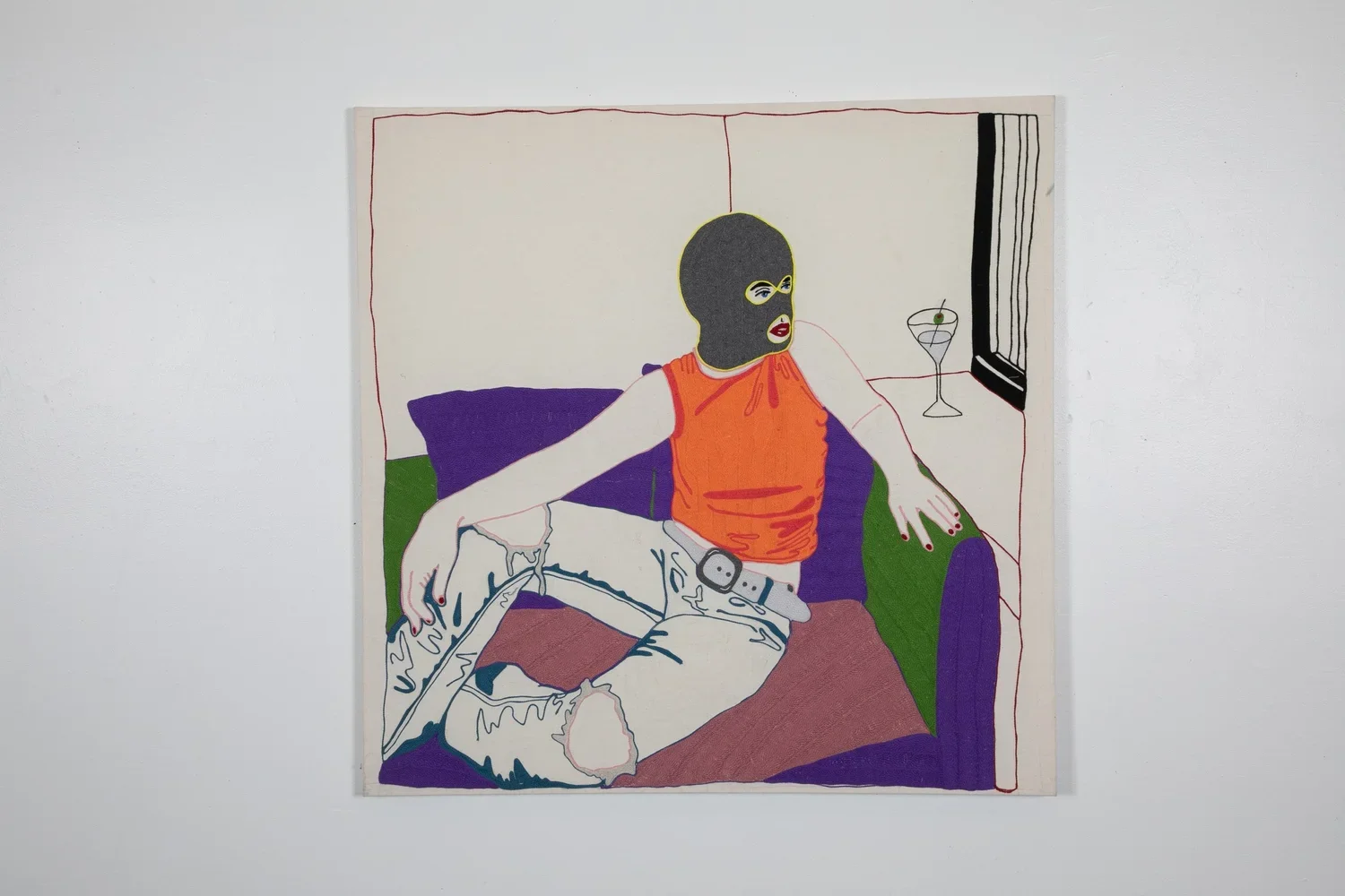 A painting of a woman with a balaclava mask, wearing an orange sleeveless top and ripped jeans, sitting on a purple couch. There is a green cushion and a brown cushion on the couch, and a drink on the side table next to her. The background is white w