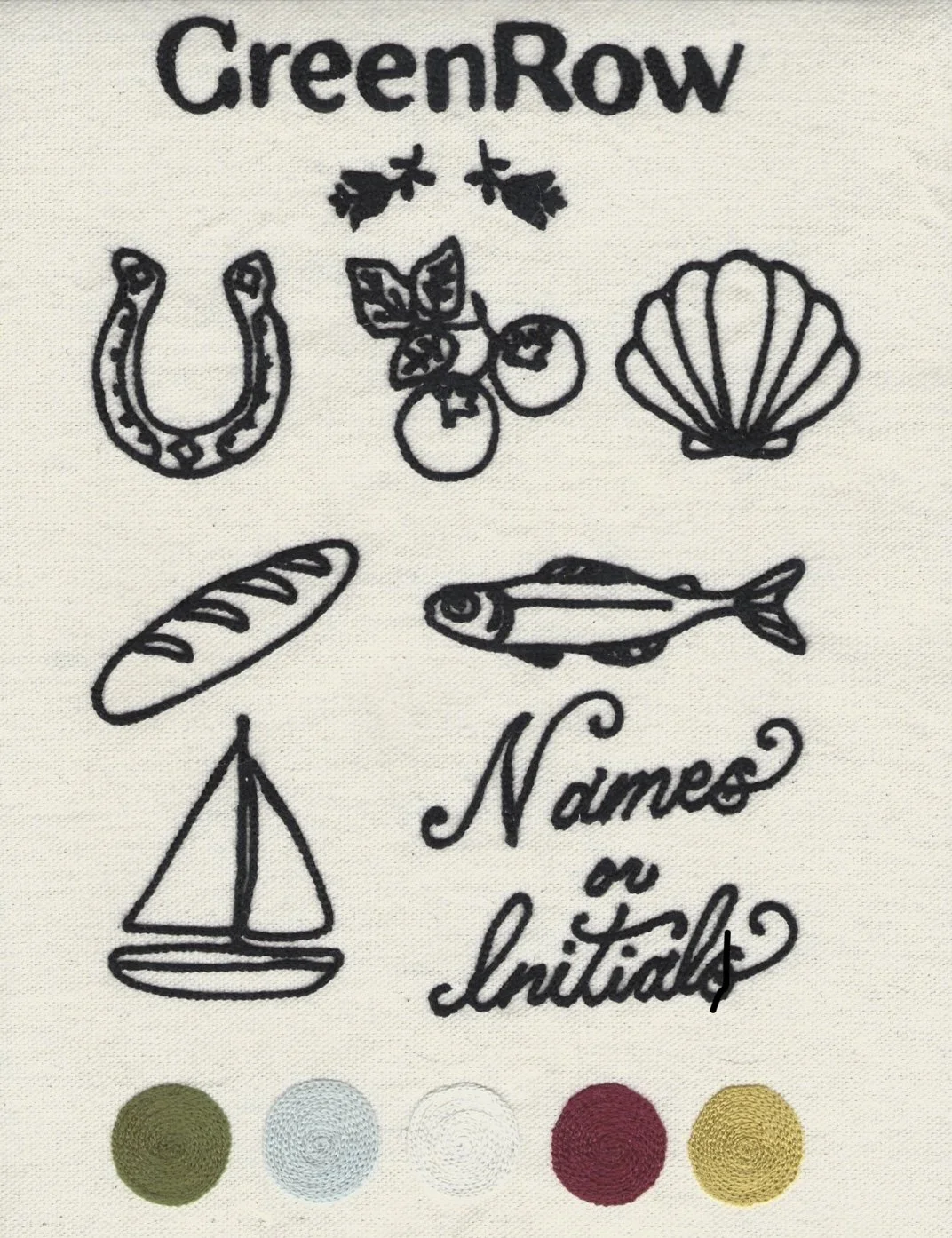 Embroidery design with the word 'GreenRow' at the top, featuring illustrations of a horseshoe, cherry branch, seashell, bread, fish, and sailboat, along with the phrase 'Names or Initials'.