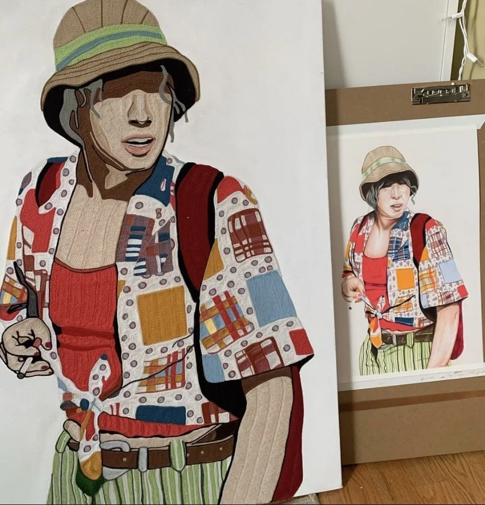 Colorful portrait of a young woman in a bohemian outfit, featuring a wide-brim hat, patchwork jacket, red top, and green striped pants, along with a 'real' printed version in the background.
