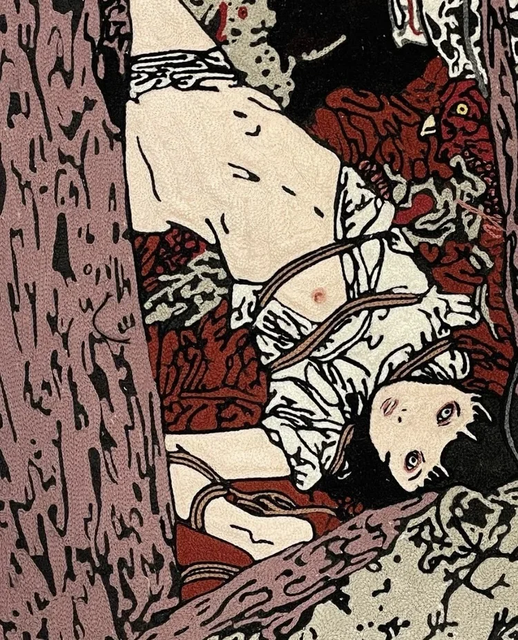 A stylized illustration of a young girl lying on the ground among tree branches, with her eyes open and looking at the viewer, connected to wires or vines.