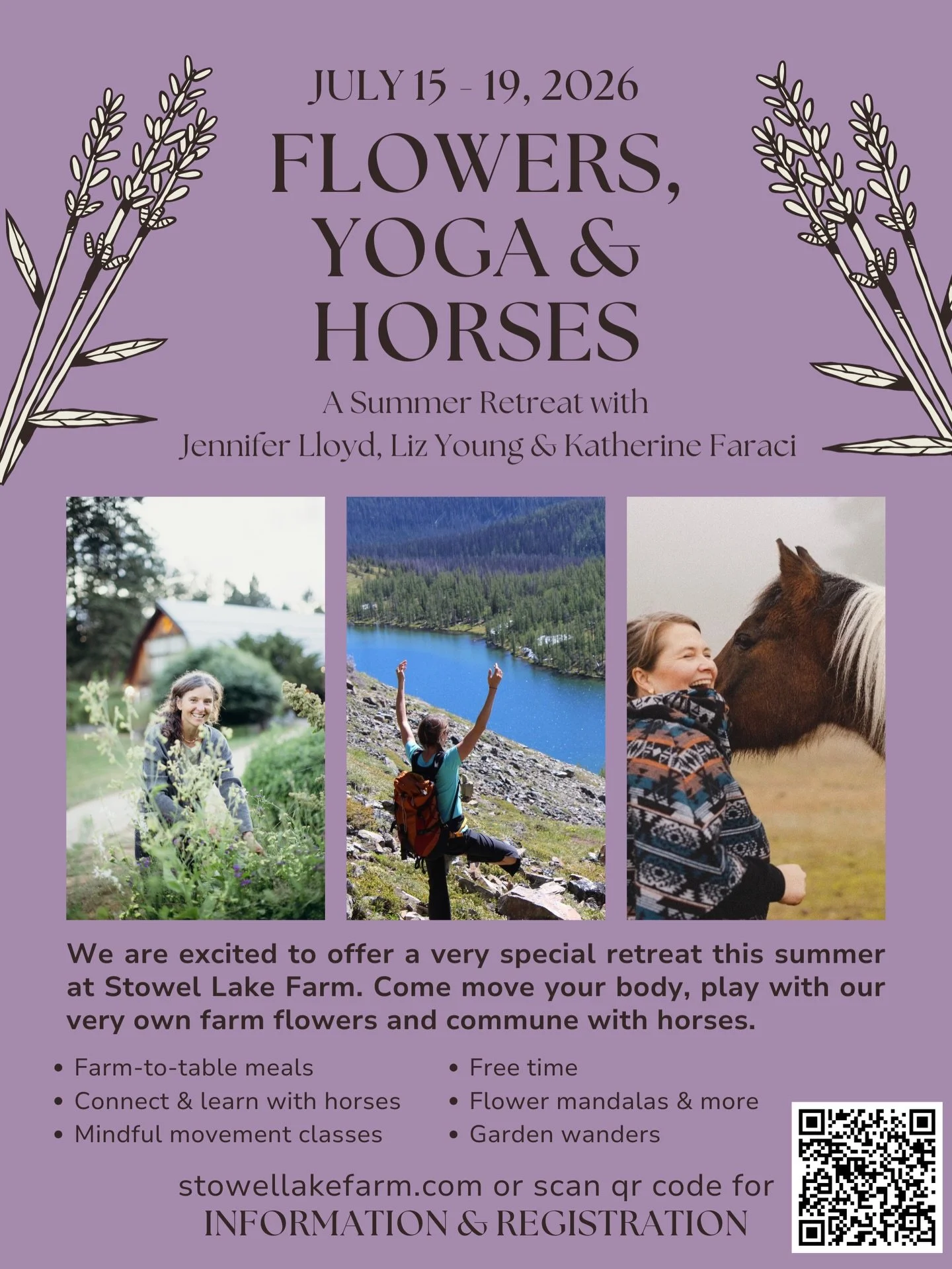 We are very excited to announce that we will be offering a retreat this summer, hosted by us, Jennifer and Liz, and our dear friend Katherine.

Come move your body, play with our very own flowers, and commune with horses.

For more information and to