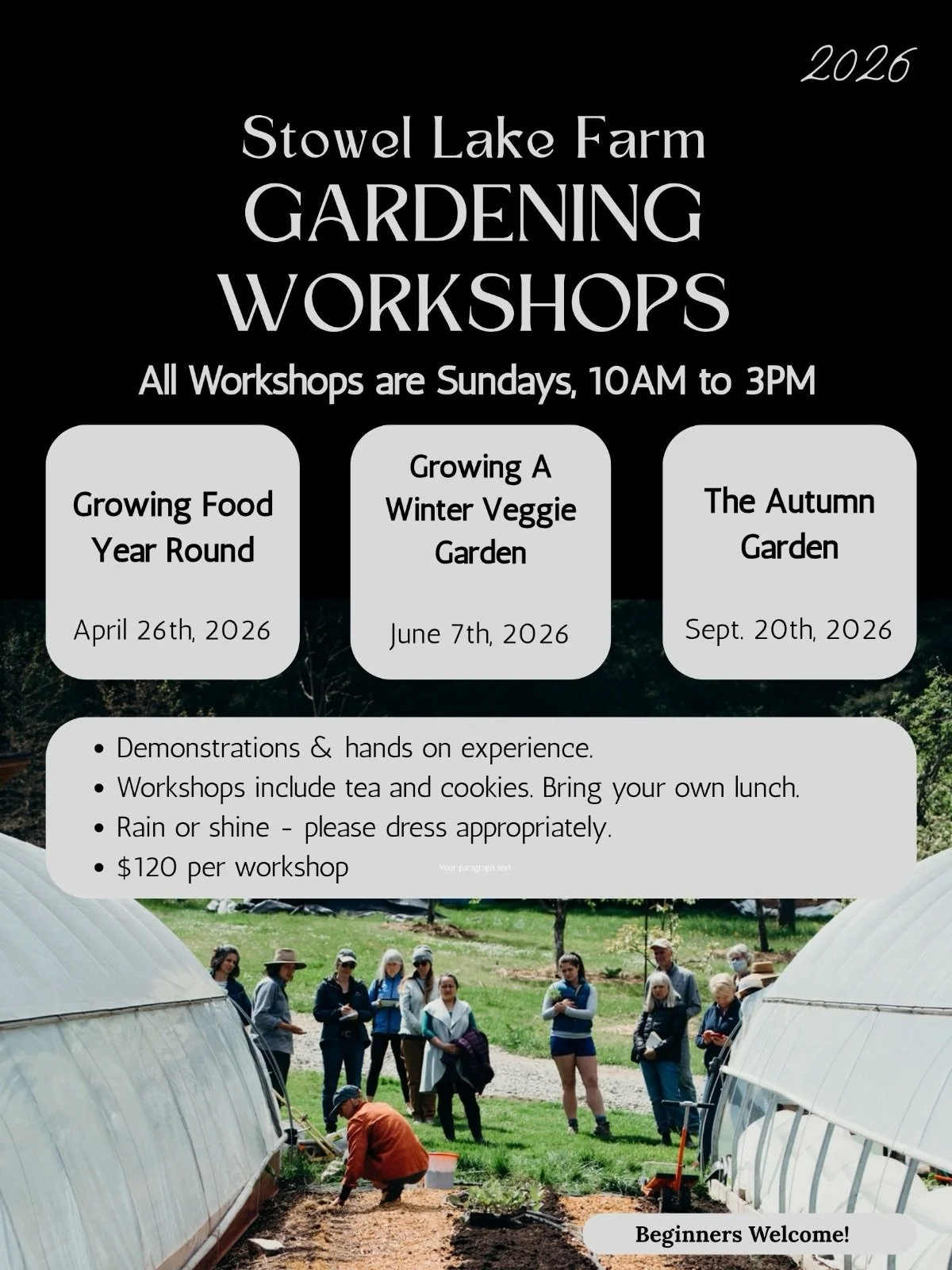 GUESS WHAT!?

Our Gardening workshops are back! 

We are so excited to be launching another set of workshops. Our workshops, led by long-term farmer Meghan, follow the growing season on Stowel Lake Farm, focusing on the practical skills of growing nu