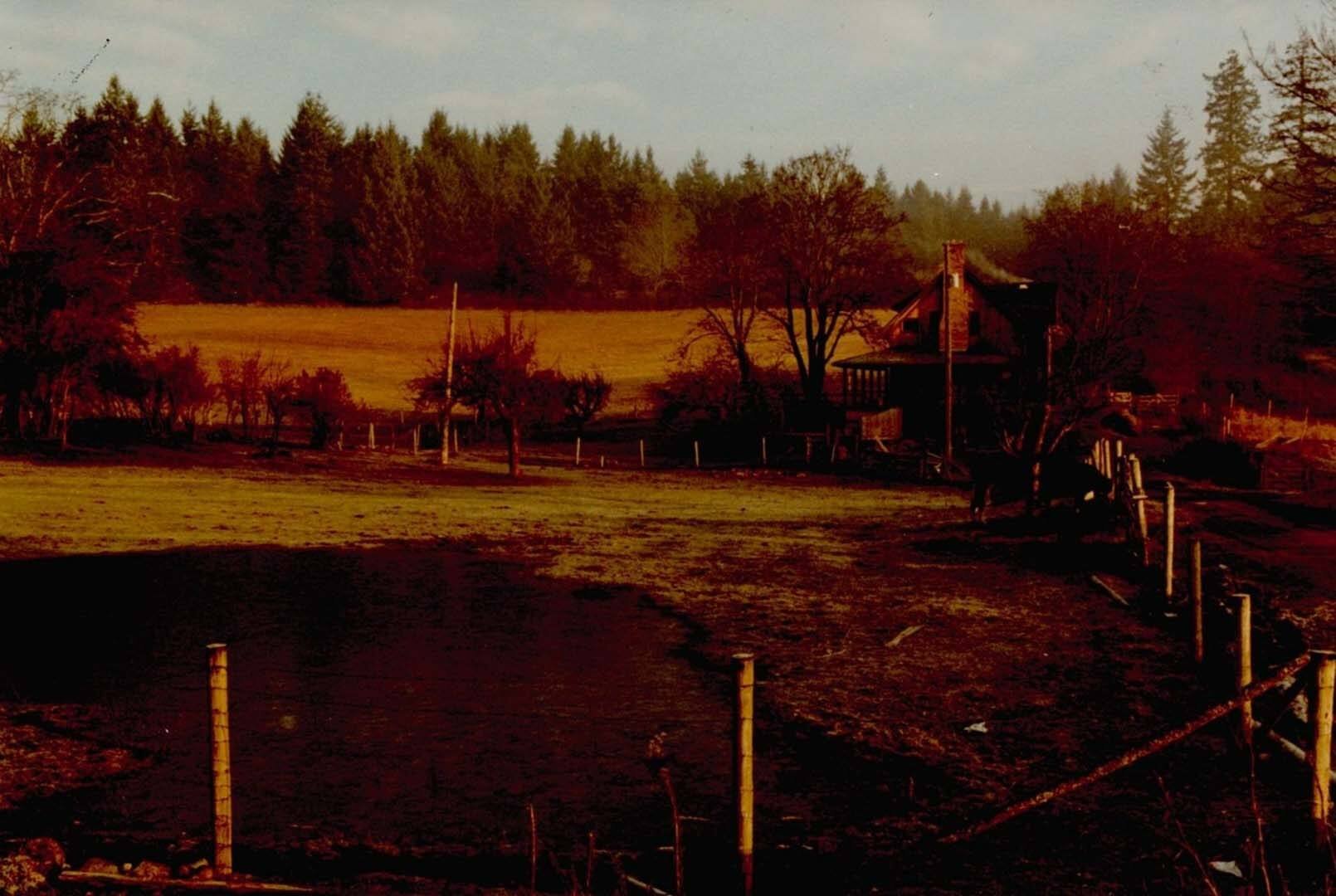 An archive photo of stowel lake farm gatehouse and hillside
