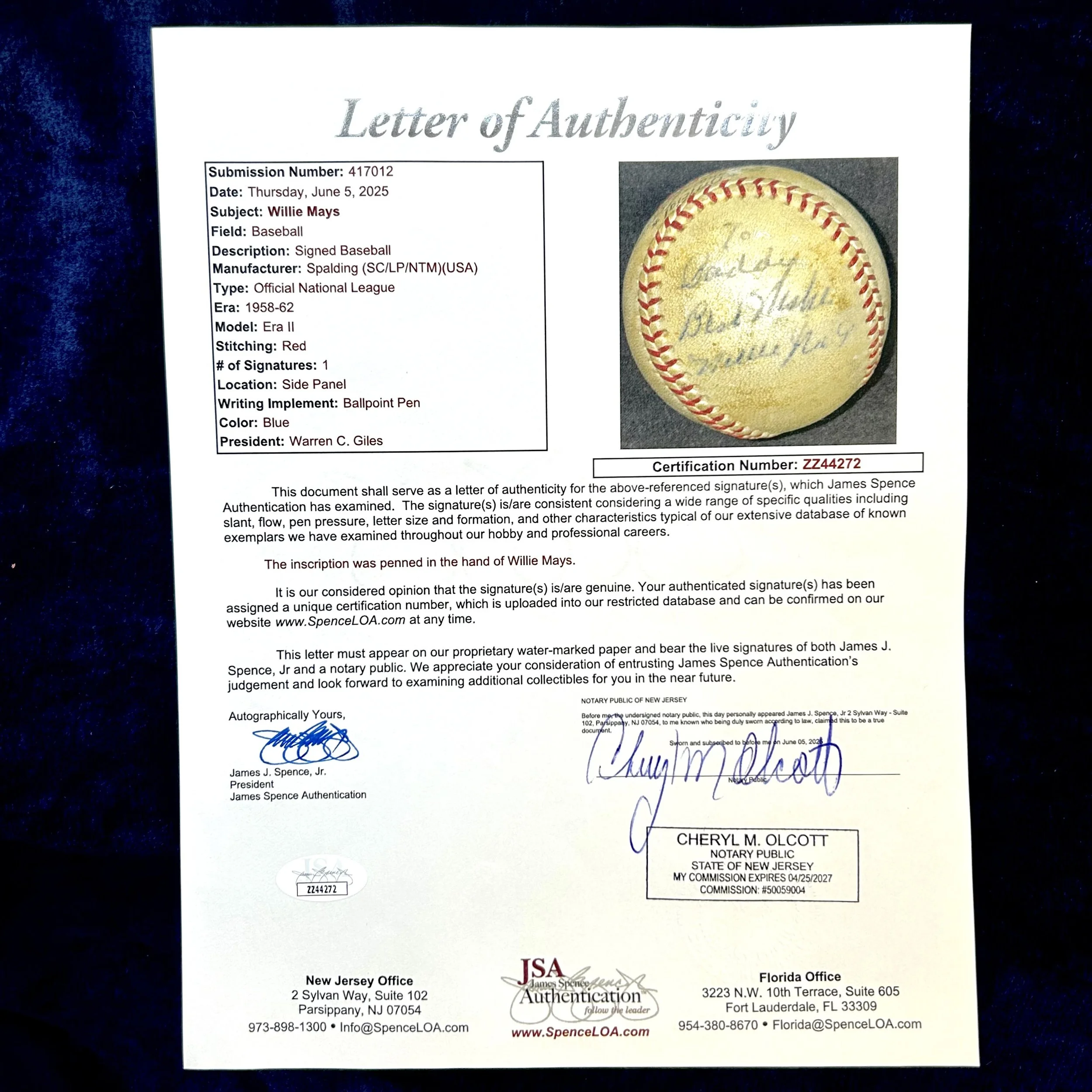 Willie Mays Signed and Inscribed Official National League Baseball. JSA