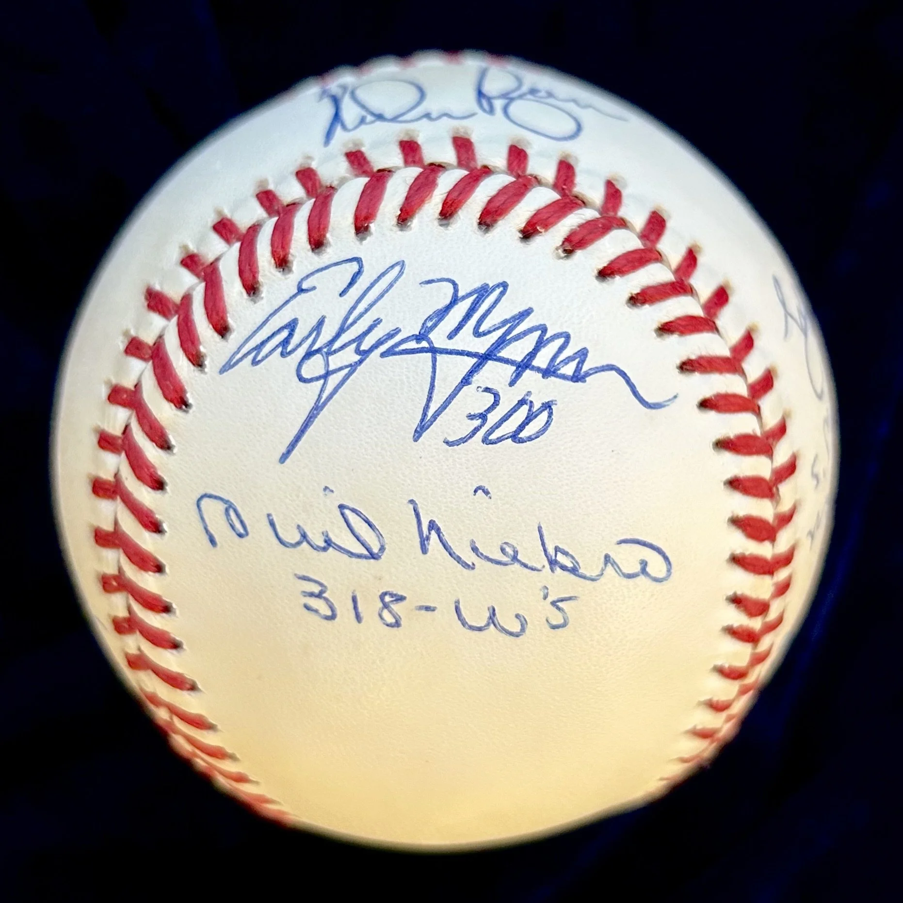 300 Win Club Signed (7) Official American League Baseball. Signed by Ryan, Perry, Sutton, Carlton, Wynn, Niekro, and Spahn. JSA