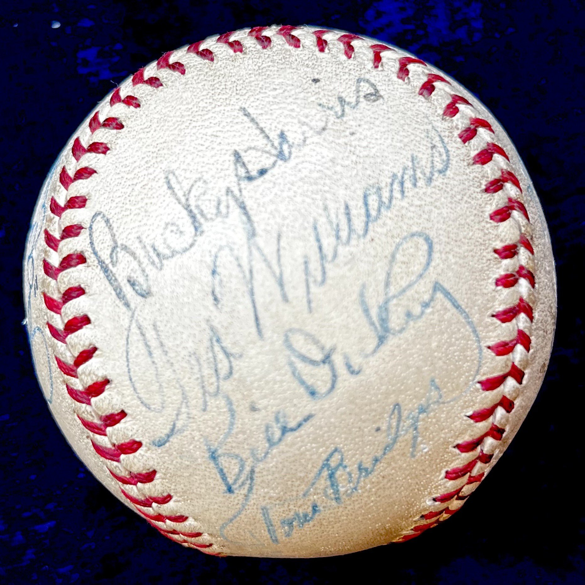 Hall of Famers and Stars Multi Signed American League Ball. Jimmie Foxx, Lefty Grove, Charlie Gehringer, Ted Williams, Bucky Harris, Joe Cronin, Red Ruffing, Joe Dimaggio, Hank Greenberg. JSA
