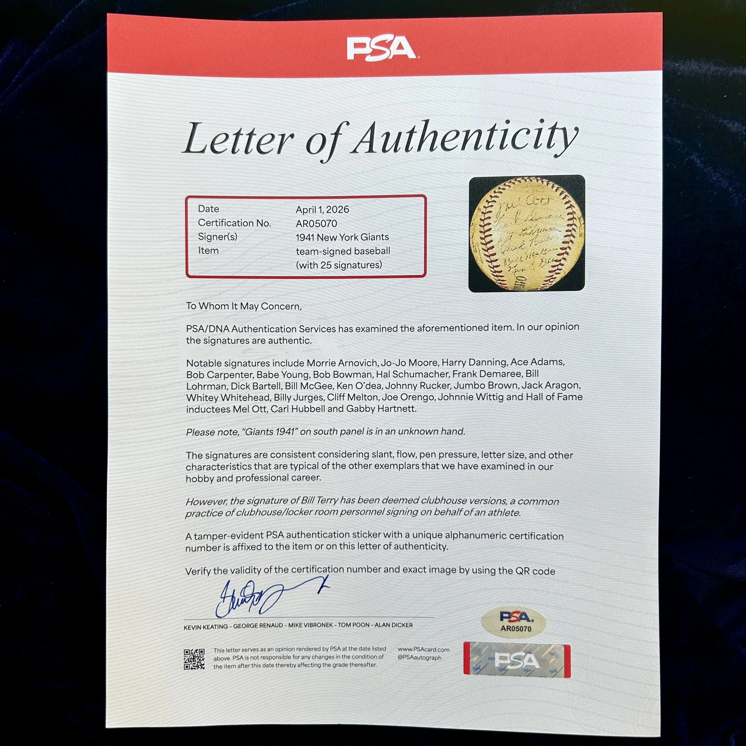 1941 New York Giants Team Signed (25) Official League Baseball. Mel Ott, Carl Hubbell, Gabby Hartnett. PSA