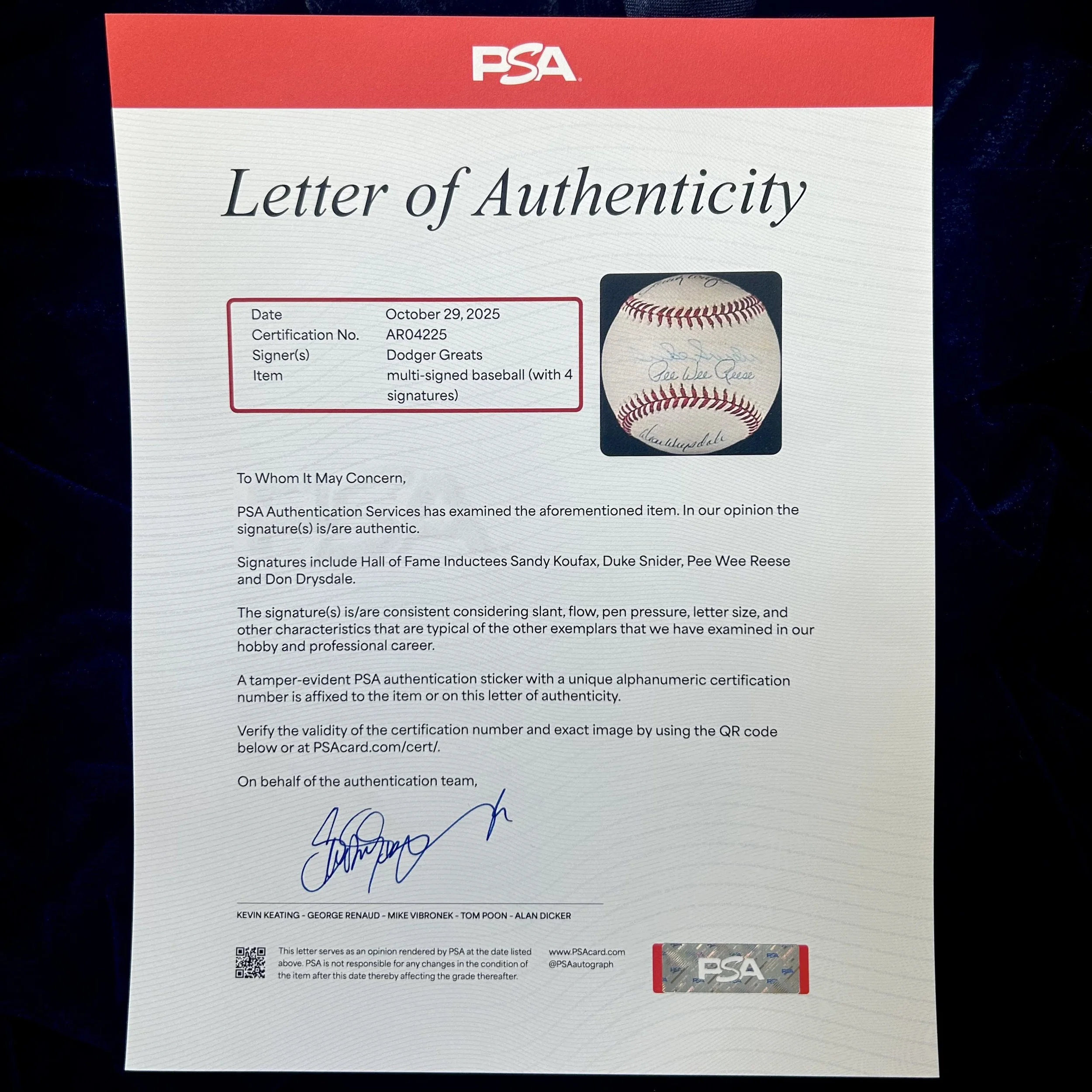 1950s Dodgers Greats Signed (4) Official National League Baseball. Sandy Koufax, Duke Snider, Pee Wee Reese, and Don Drysdale. PSA