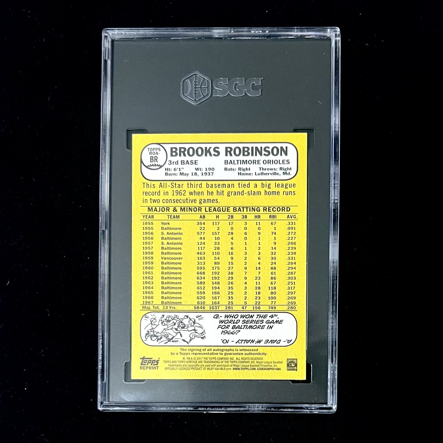 Brooks Robinson Signed 2017 Topps Heritage Baseball Card. 32/68. SGC 9 MINT