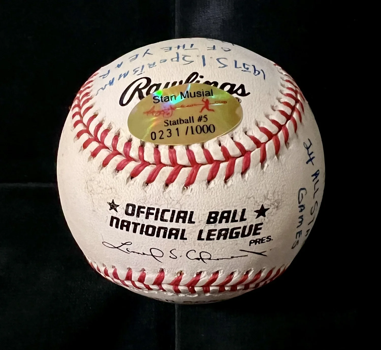 Stan Musial Signed OML Baseball. 20 Stat Inscriptions
