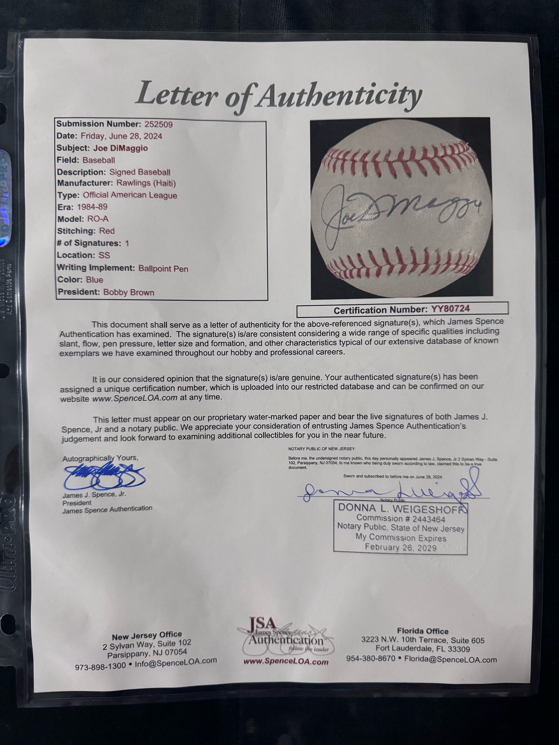 Joe DiMaggio Signed Official American League Baseball. JSA