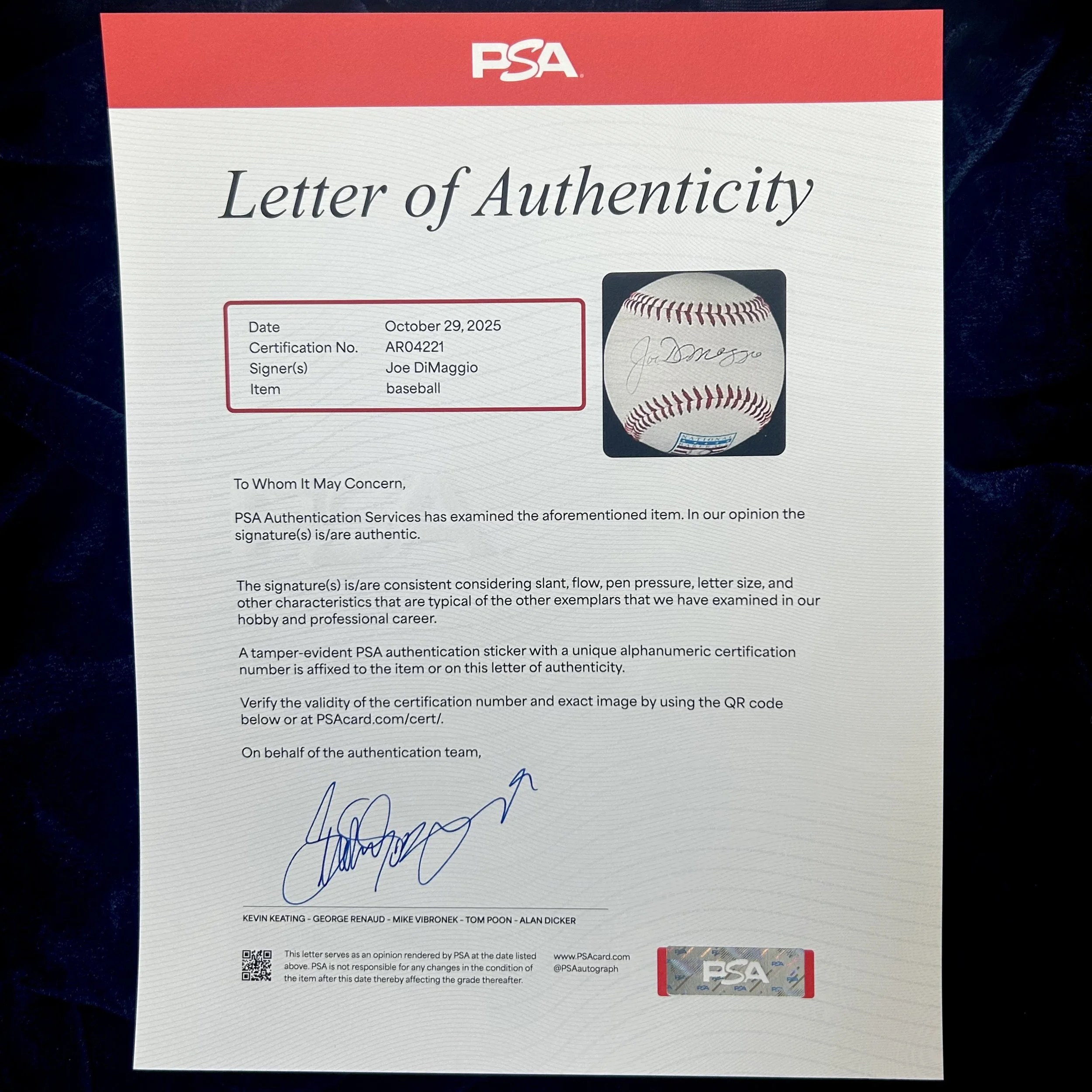 Joe DiMaggio Signed Official Hall of Fame Logo Baseball. PSA