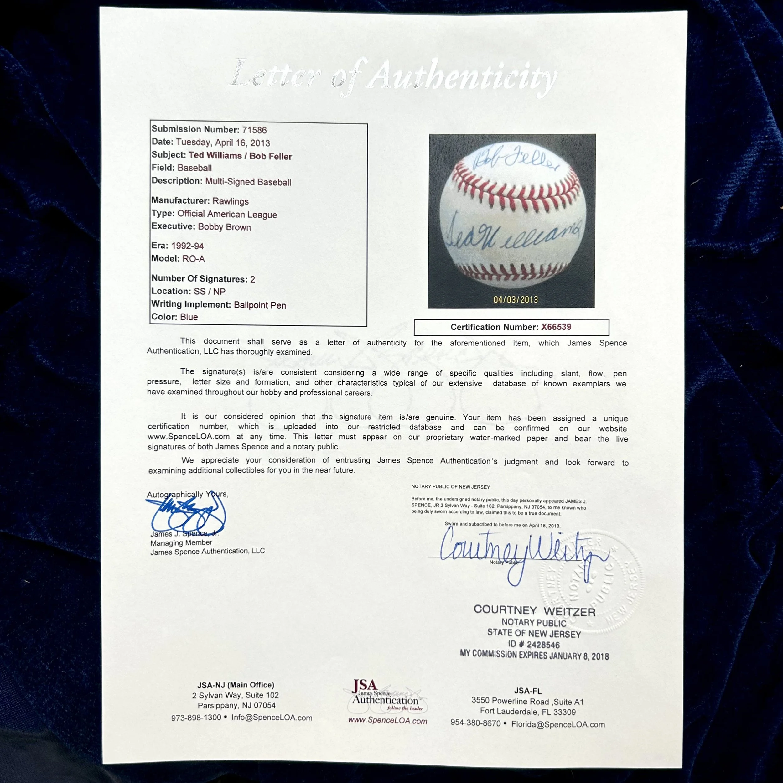 Ted Williams and Bob Feller Multi-Signed Official American League Baseball. JSA.