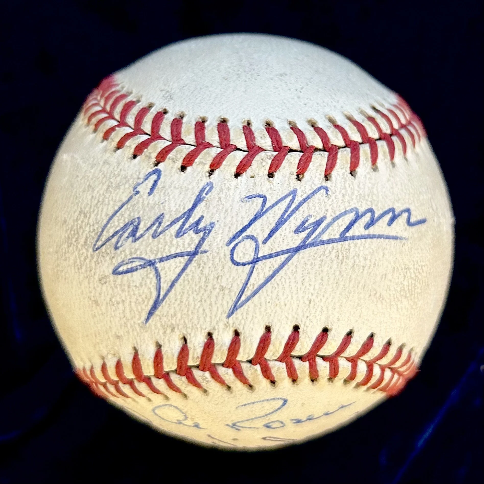 Baseball Greats Multi-Signed (6) Official American League Baseball. Signed by Hank Aaron, Early Wynn, Dave Parker, Al Rosen, Bill Virdon, and Birdie Tebbetts. PSA