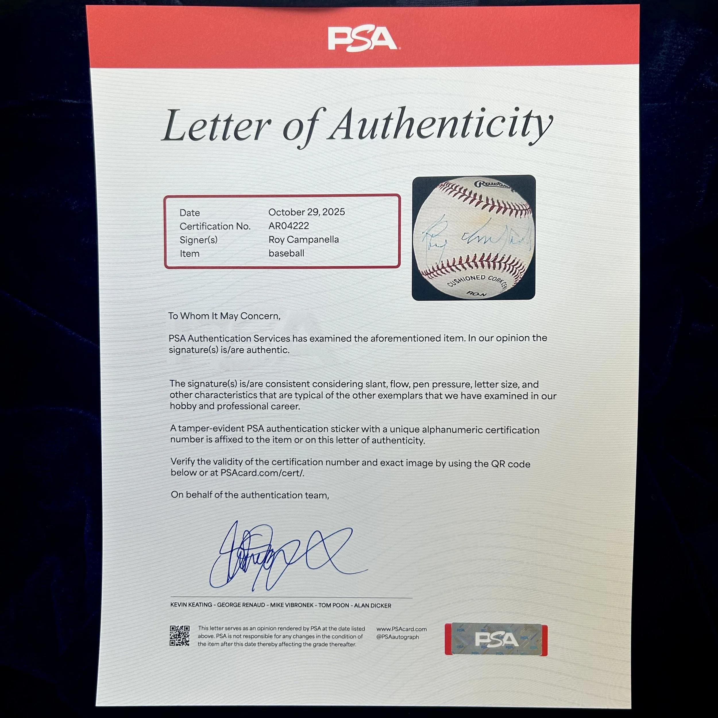 Roy Campanella Signed Official National League Baseball. PSA