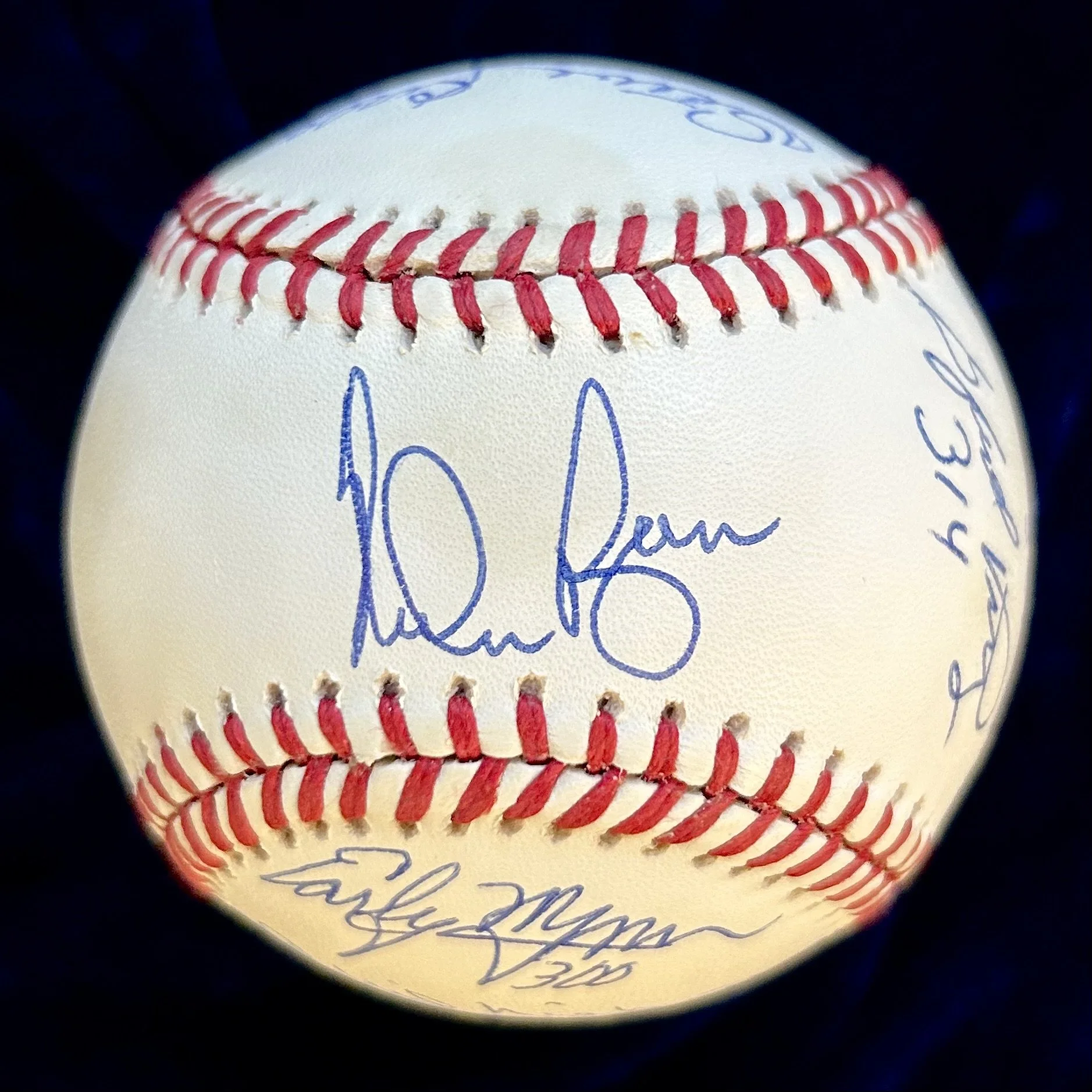 300 Win Club Signed (7) Official American League Baseball. Signed by Ryan, Perry, Sutton, Carlton, Wynn, Niekro, and Spahn. JSA
