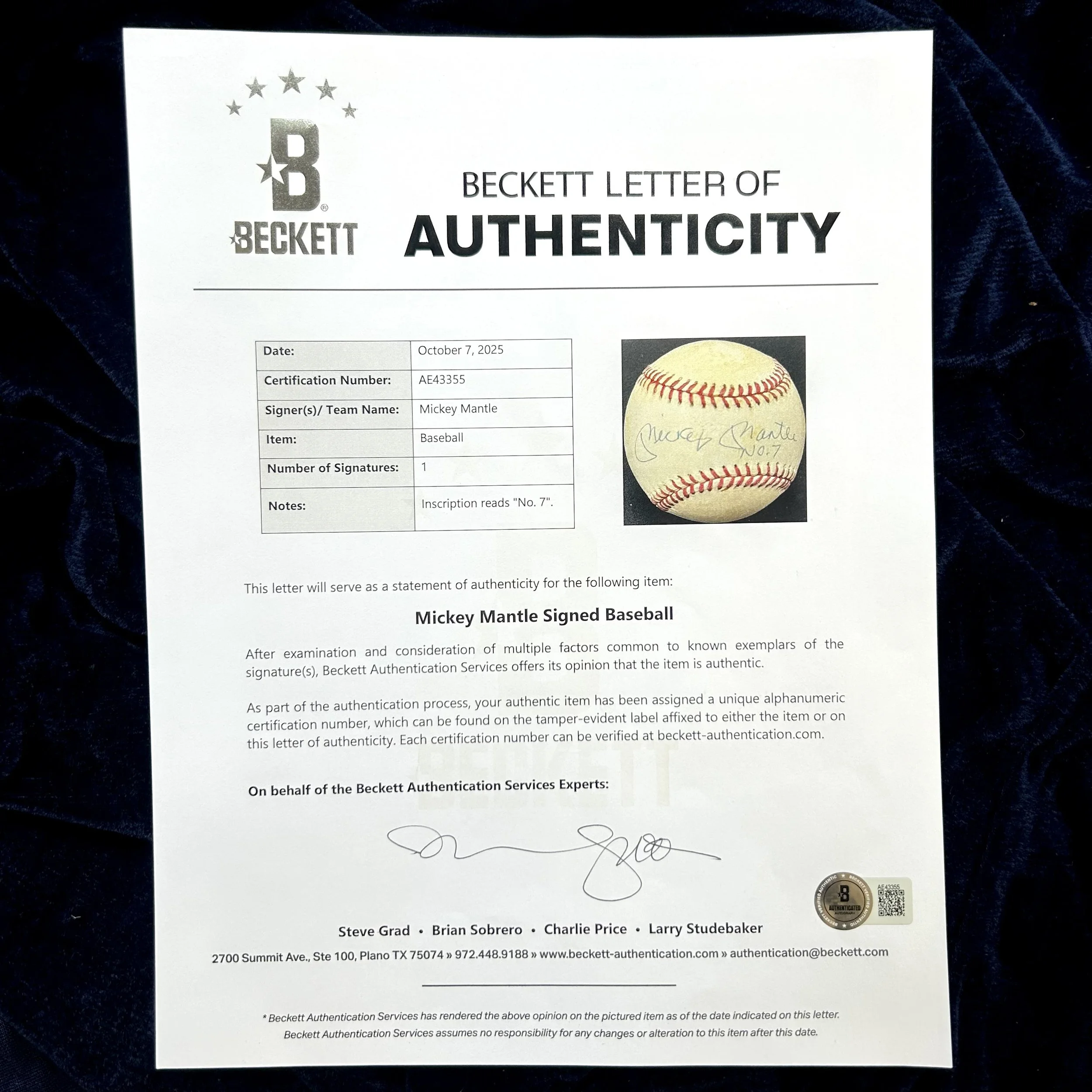 Mickey Mantle Signed "No. 7" Official American League Baseball. Beckett.