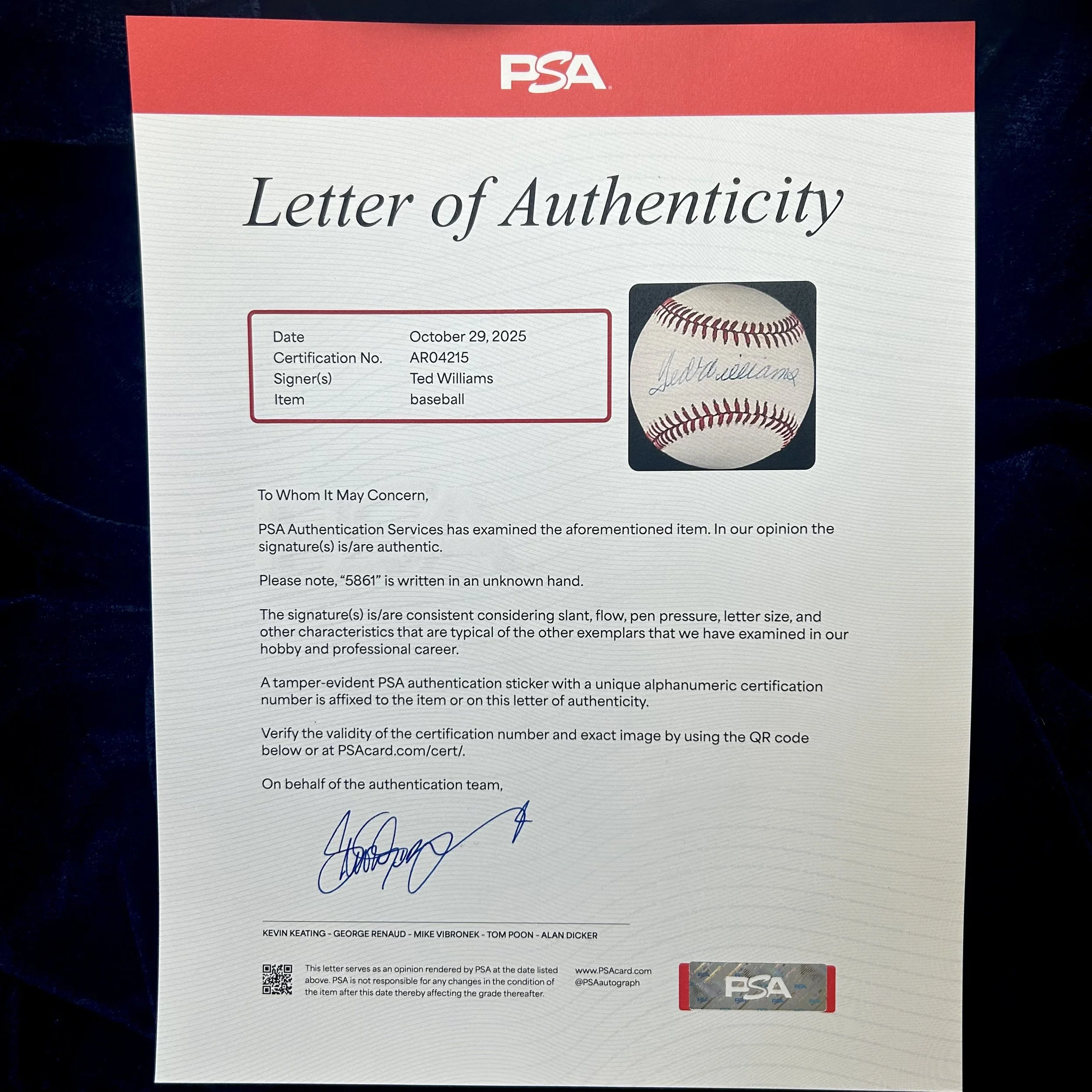 Ted Williams Signed Official American League Baseball. PSA