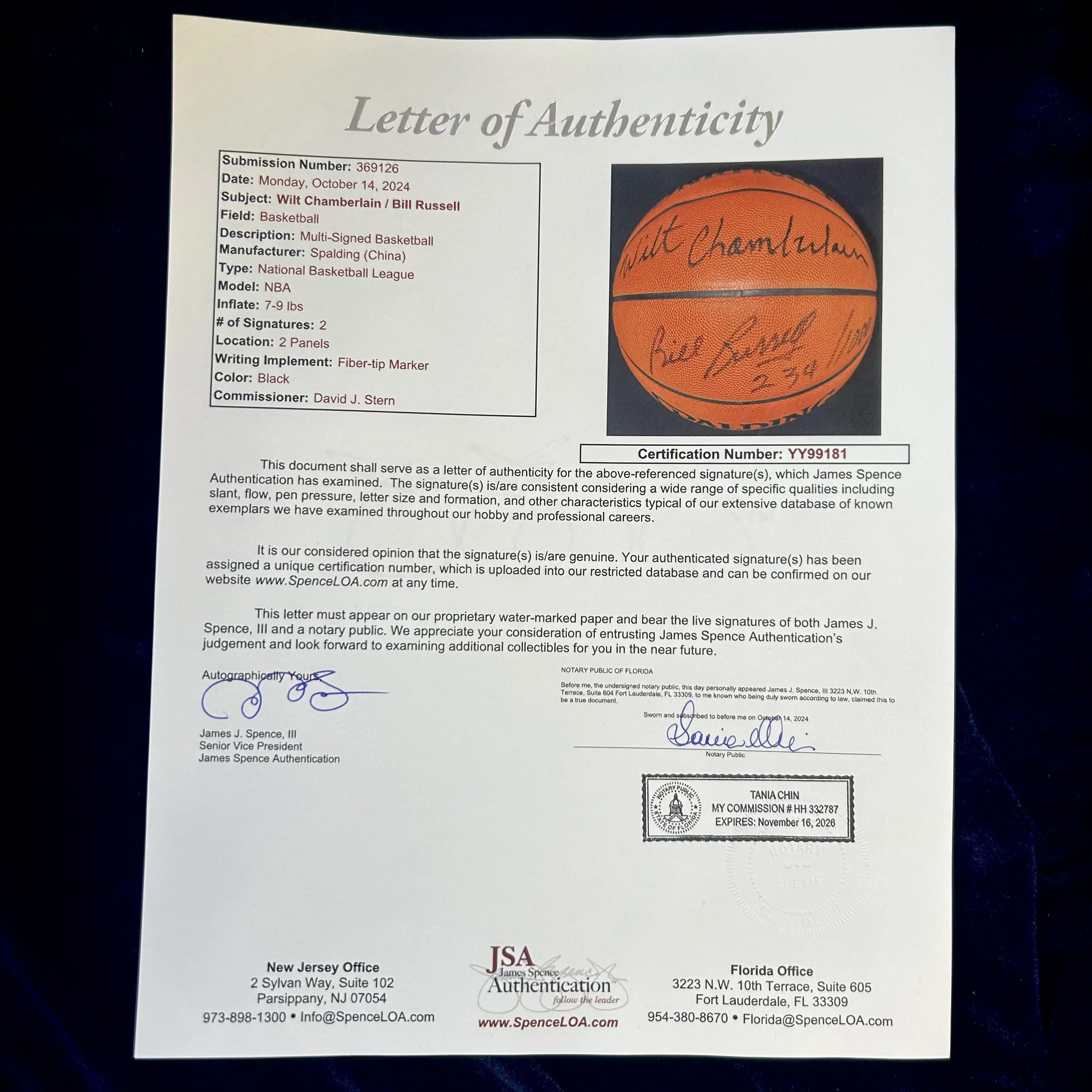 Wilt Chamberlain and Bill Russell Signed Spalding NBA Basketball /1000. JSA