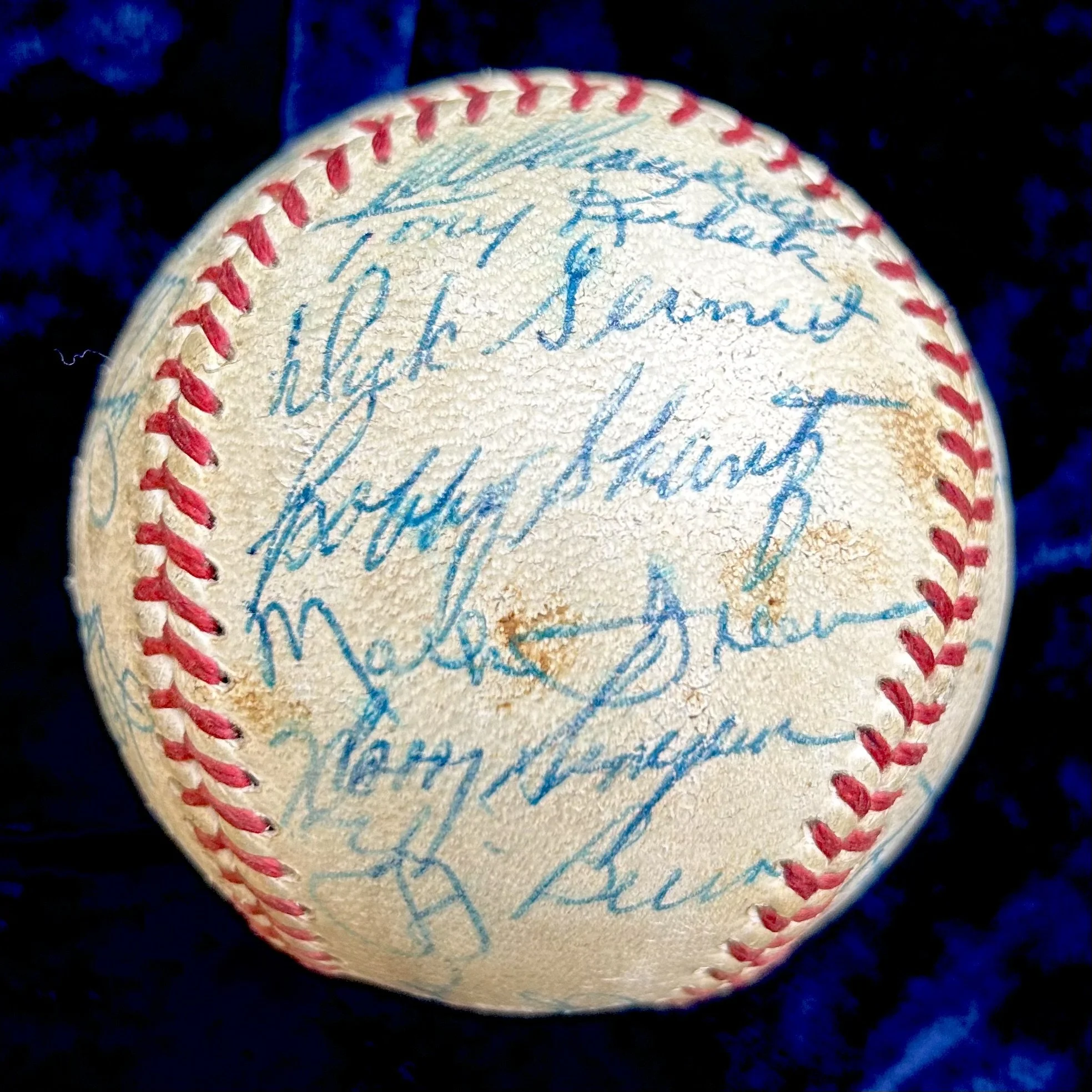 1950s Baseball Greats Multi-Signed (31) Baseball. Yogi Berra, Phil Rizzuto, Luis Aparicio, Early Wynn, Casey Stengel. PSA