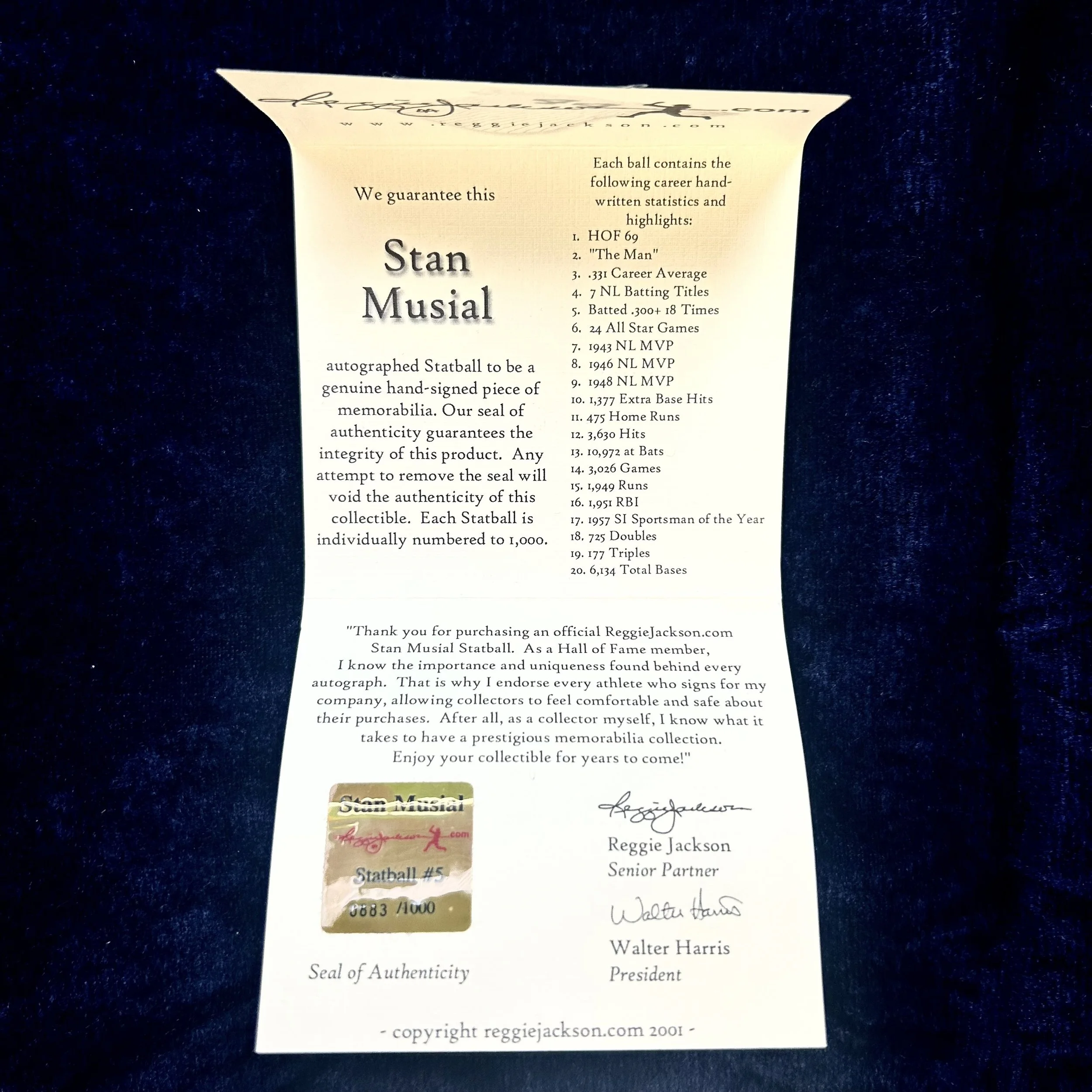 Stan Musial Signed OML Baseball. 20 Stat Inscriptions. ReggieJackson. Ltd 1000