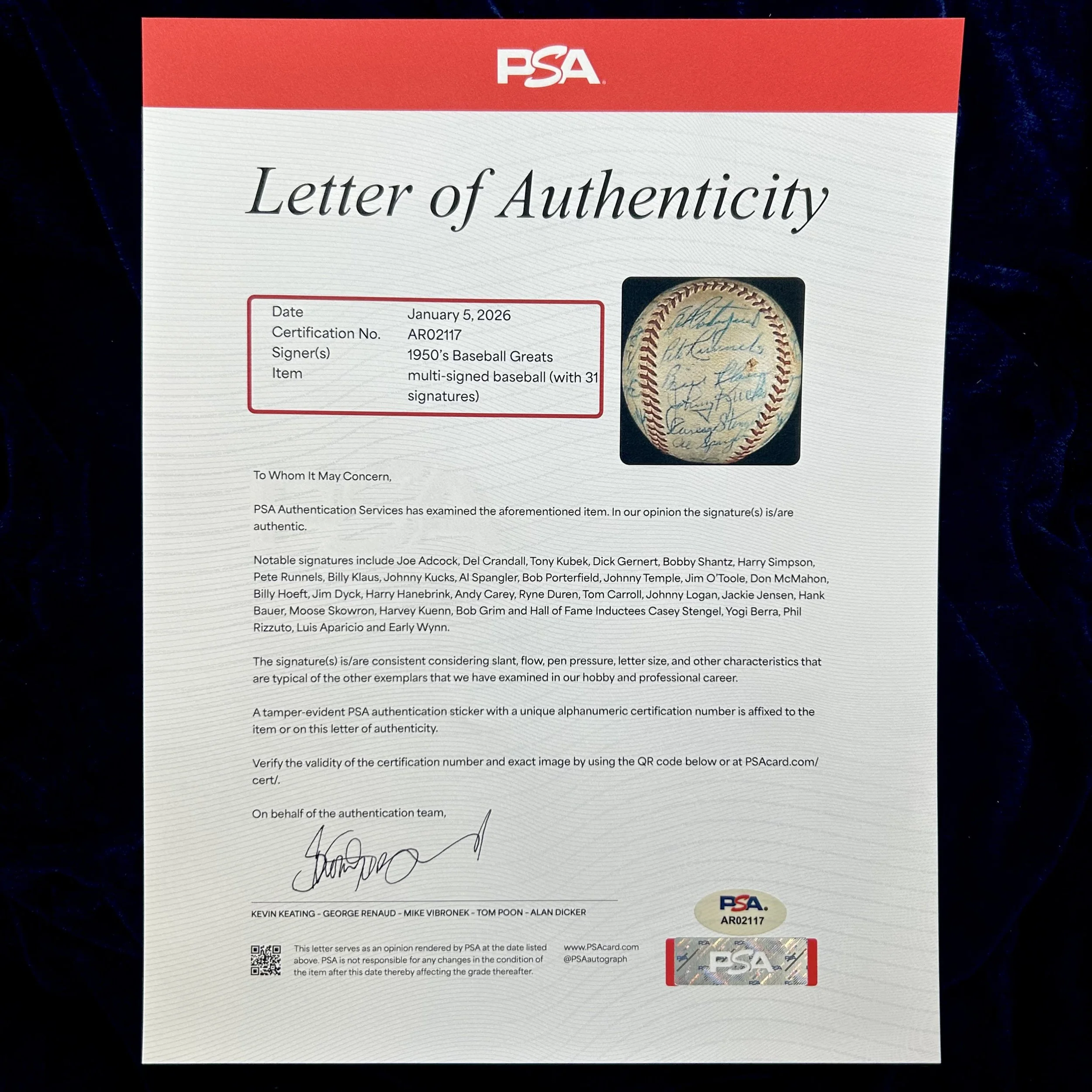 1950s Baseball Greats Multi-Signed (31) Baseball. Yogi Berra, Phil Rizzuto, Luis Aparicio, Early Wynn, Casey Stengel. PSA